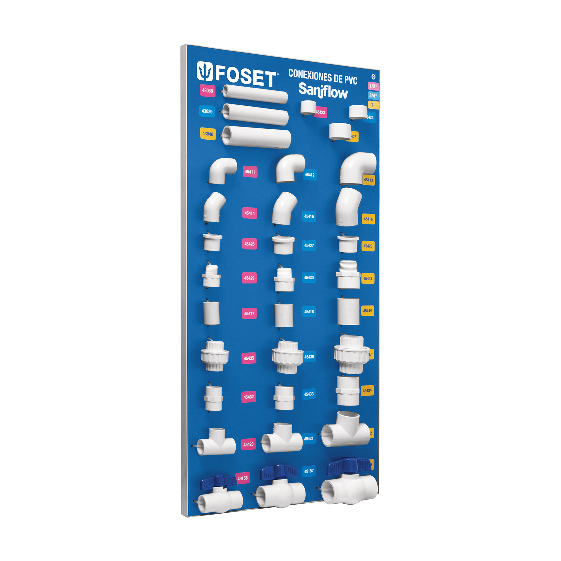 Exhibidor de conexiones de PVC hidráulico, cédula 40