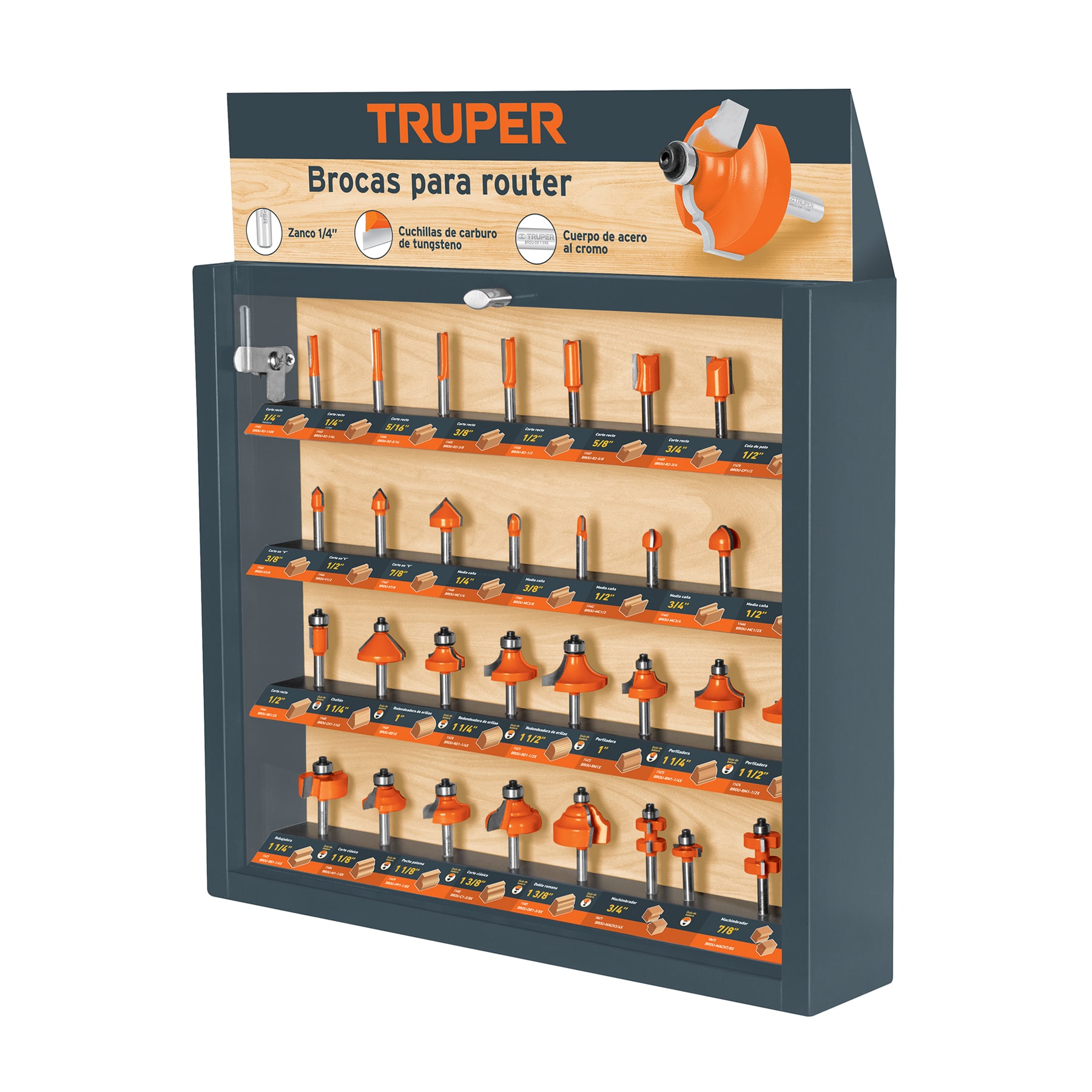 Exhibidor con 30 brocas para router, Truper