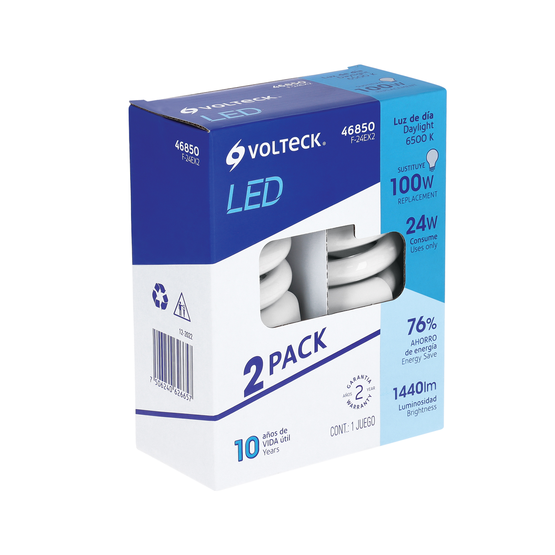 Pack 2 lámparas espiral T4 24 W luz de día, blíster, Volteck