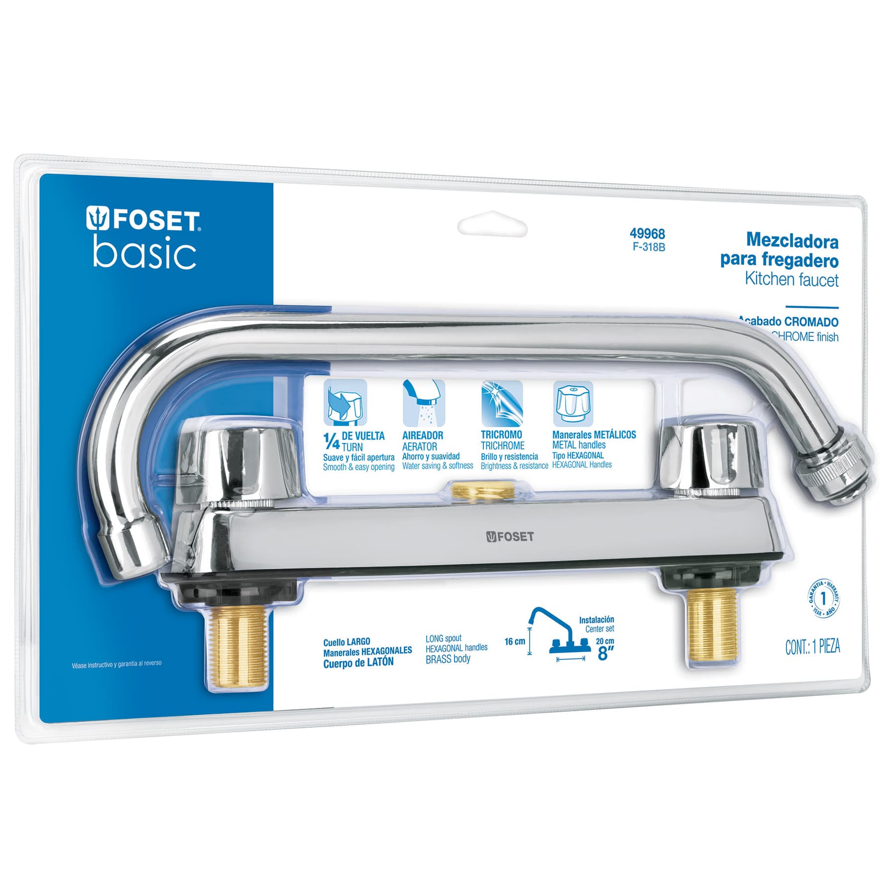 Mezcladora 8' fregadero,ABS, cuello largo,hex,blister,BASIC