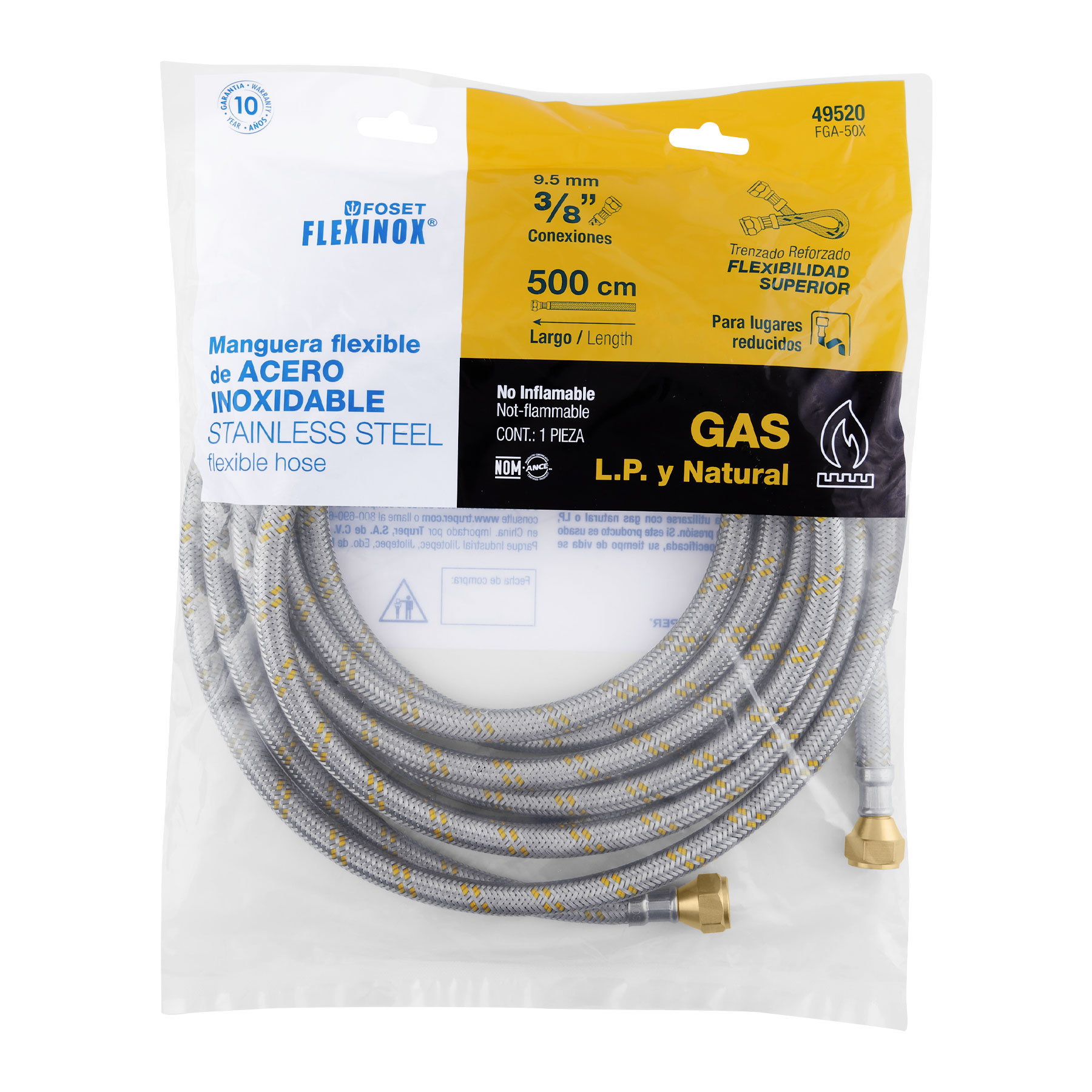 Manguera para gas, acero inox, 3/8' flare, 500 cm, FOSET - Imagen 4