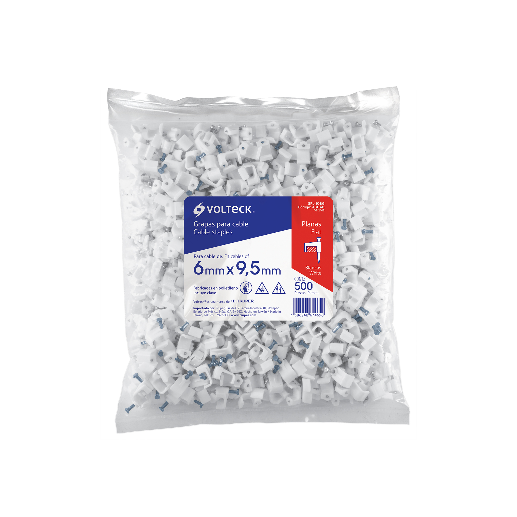 Bolsa con 500 grapas blancas de 6 x 9.5 mm para cable plano