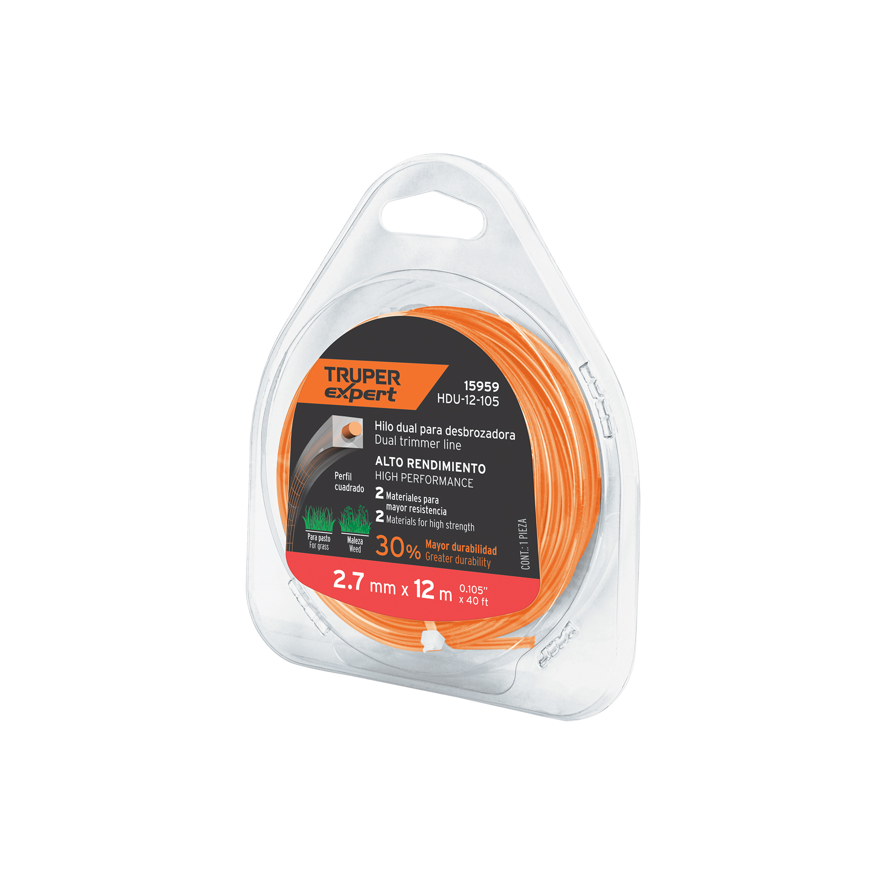 Hilo cuadrado dual p/desbrozadora, 2.7mm x12m,blíster EXPERT