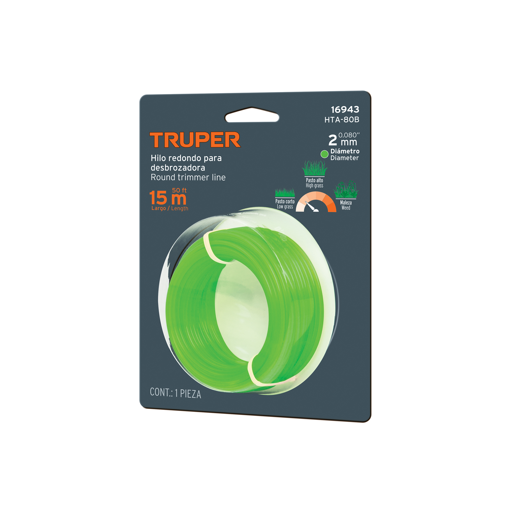 Hilo redondo, para desbrozadora, 2mm x 15m, tarjeta, TRUPER