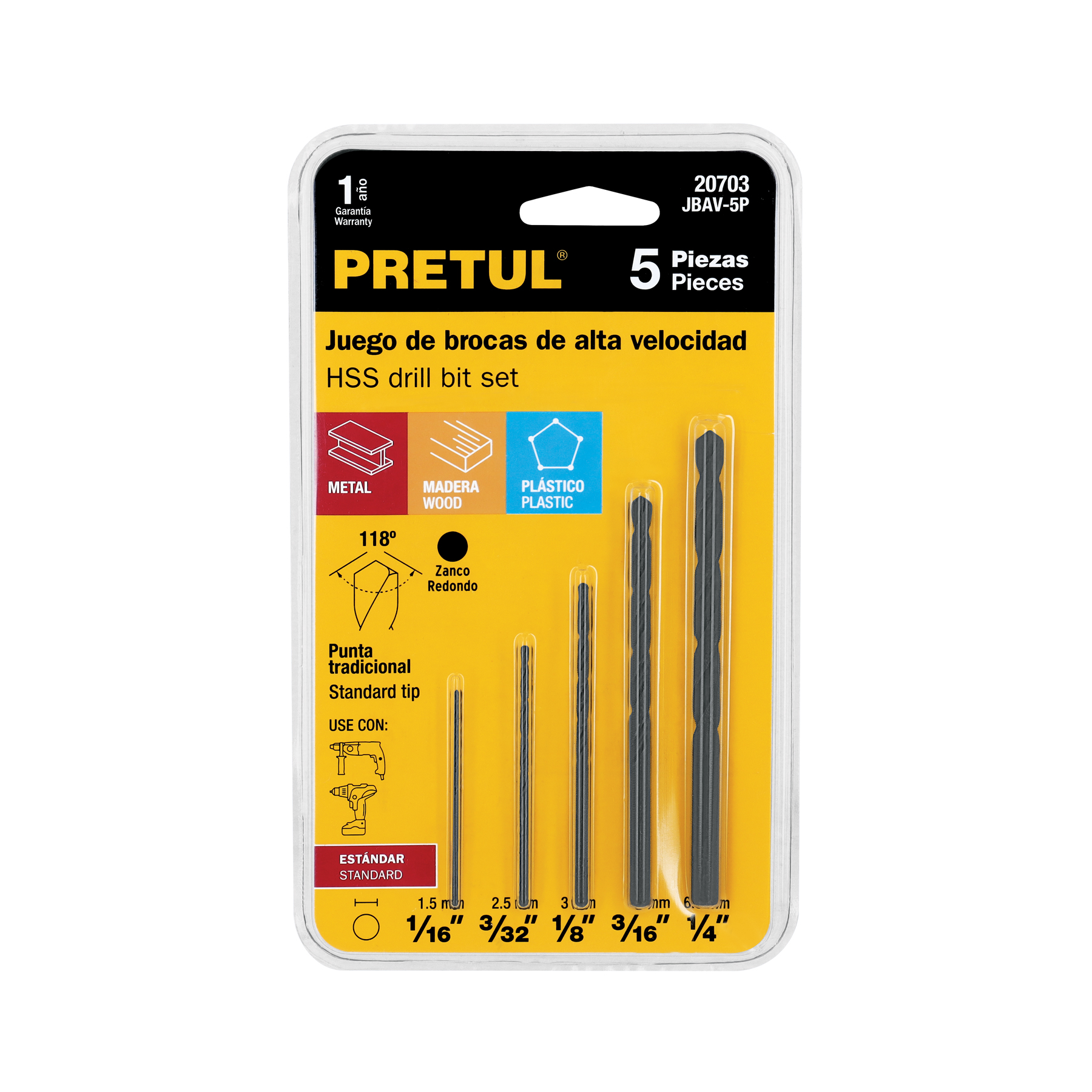 Juego de 5 brocas HSS para metal, Pretul
