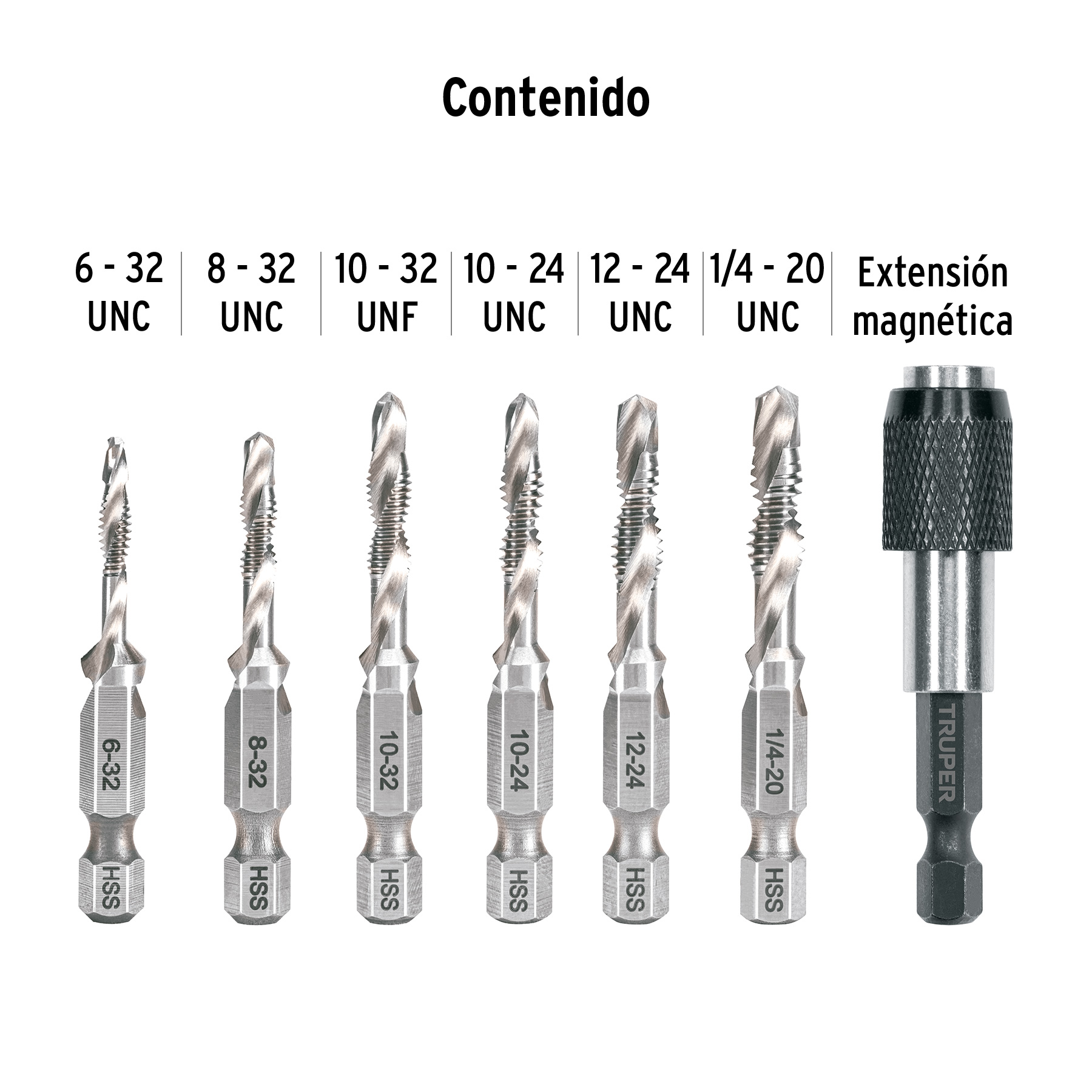 Juego de 6 brocas HSS con machuelo para metal, Truper - Imagen 2