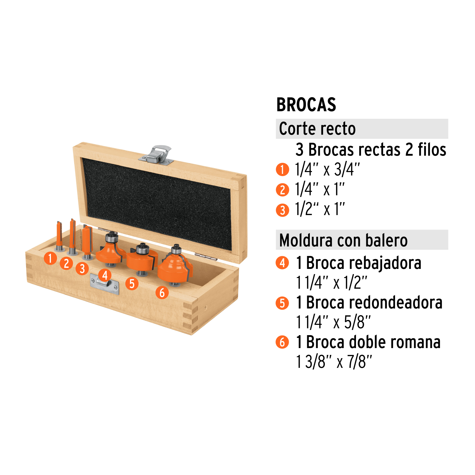 Juego de 6 brocas para router, Truper - Imagen 2