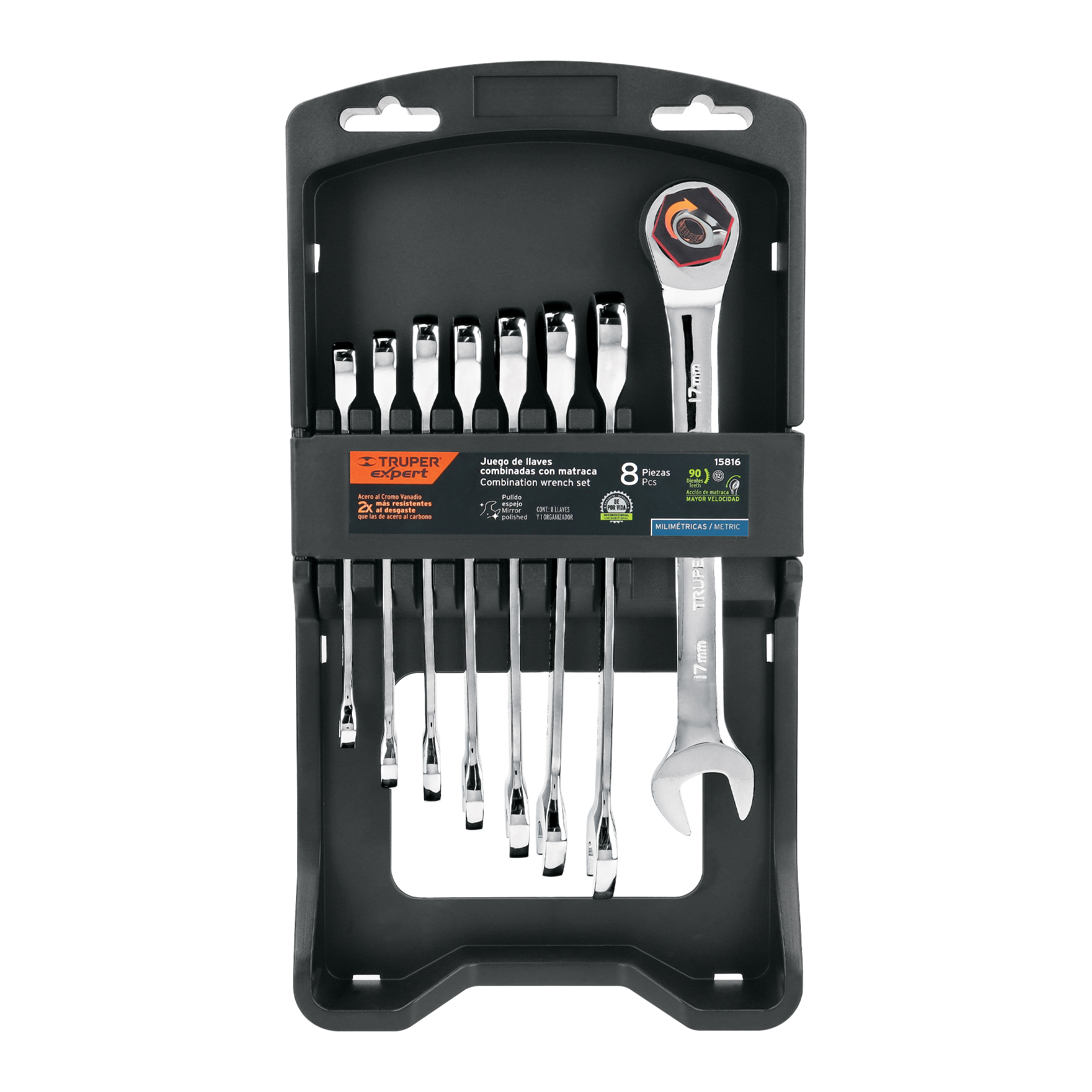 Juego de 8 llaves combinadas pulidas mm con matraca, EXPERT