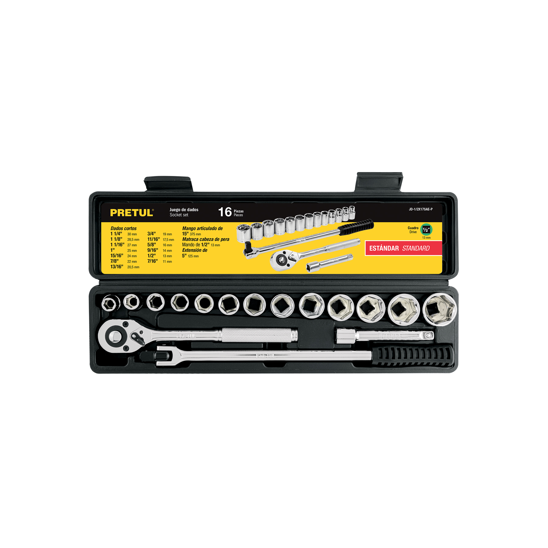 Juego de 16 herramientas 1/2' std para mecánico, Pretul