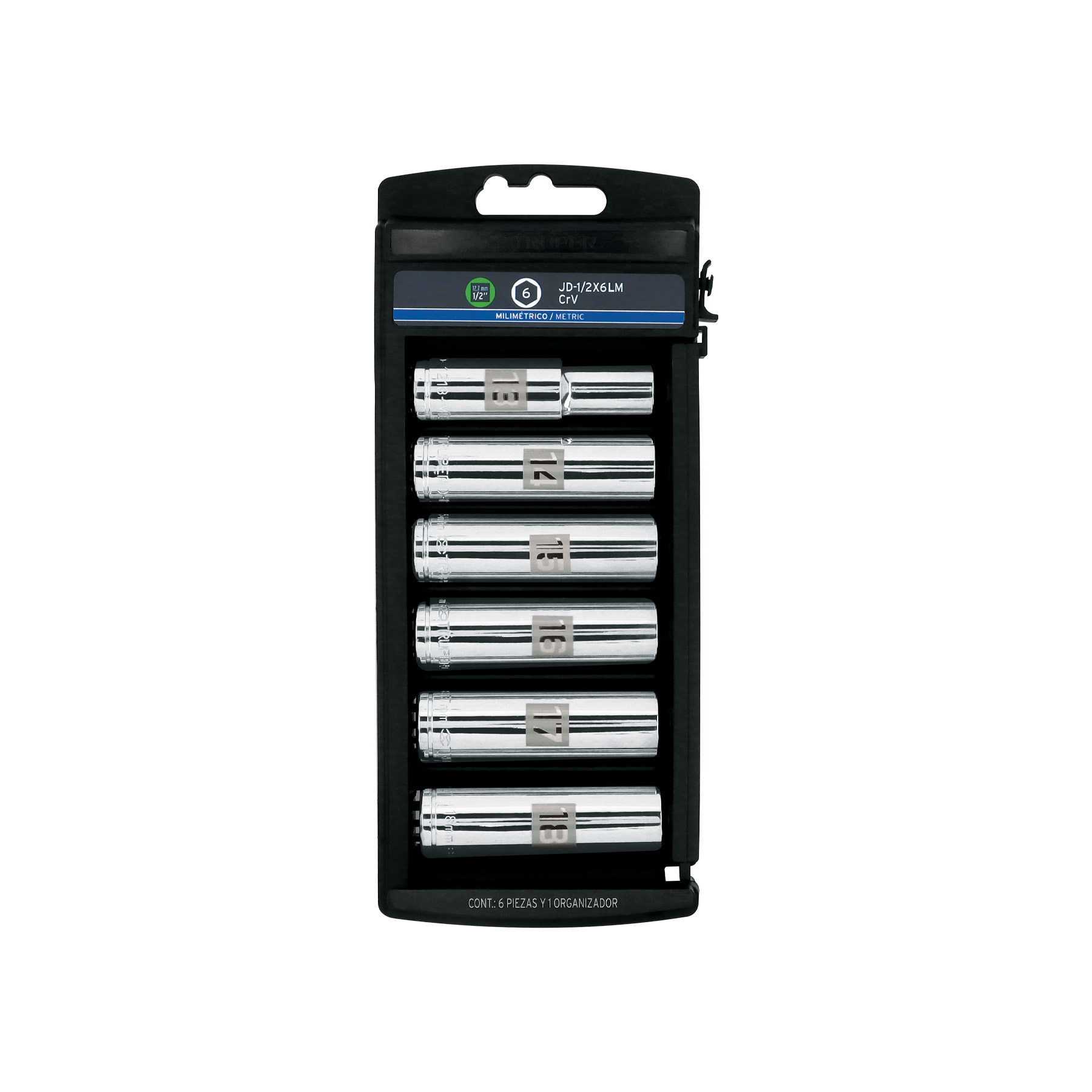 Juego 6 dados largos cuadro 1/2' mm, Truper