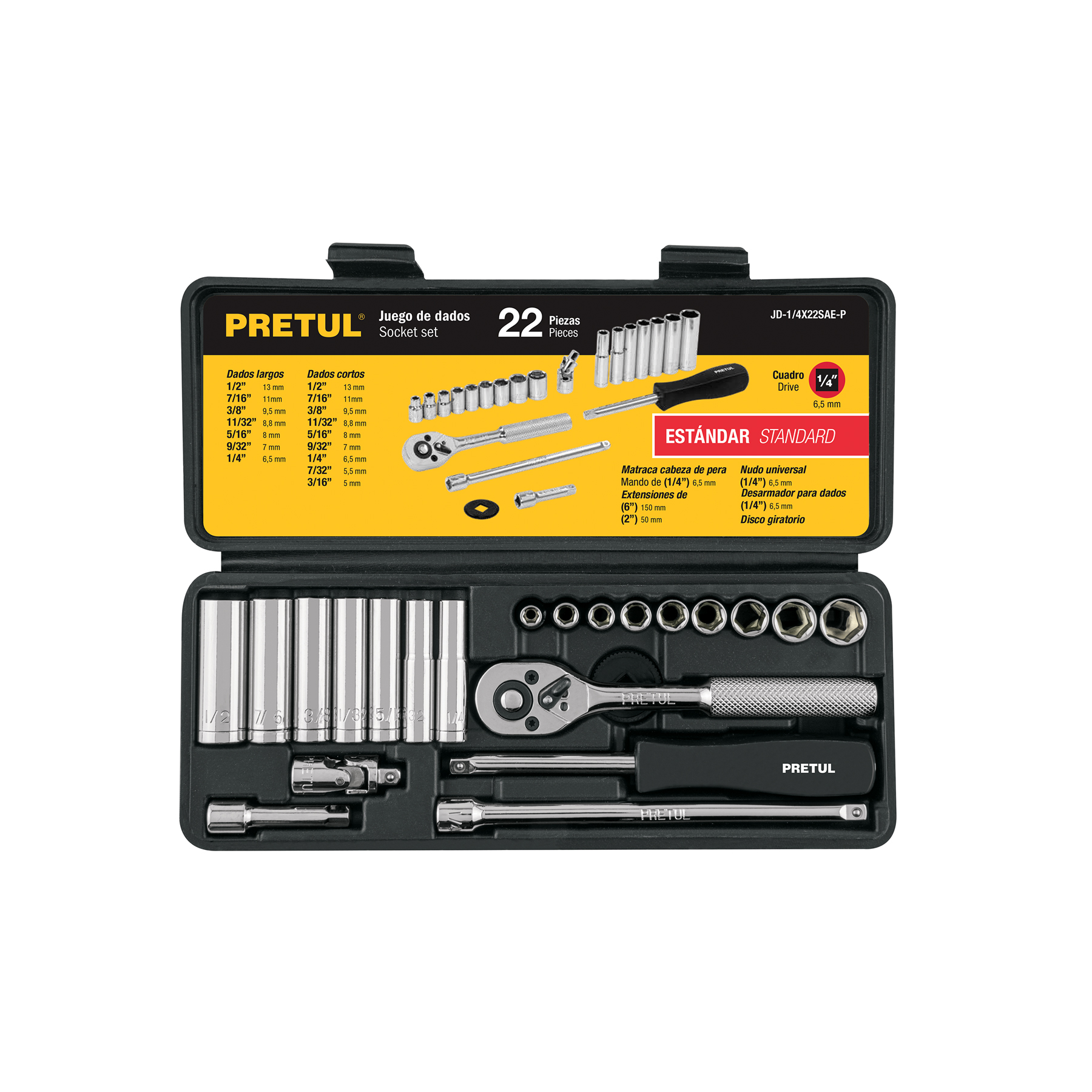 Juego de 22 herramientas 1/4' std para mecánico, Pretul
