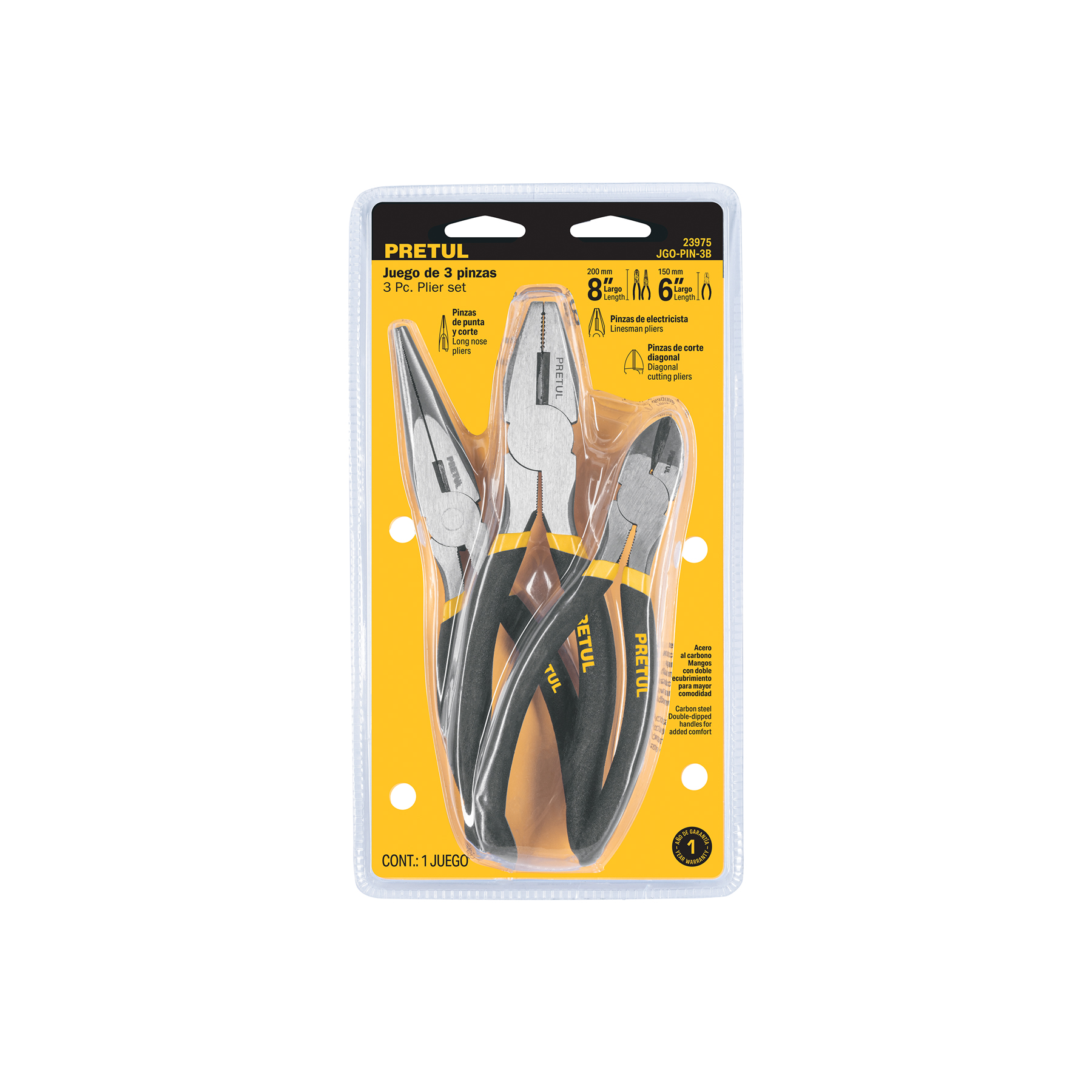 Juego de 3 pinzas, 2 de 6' y 1 de 8', mangos de PVC, Pretul