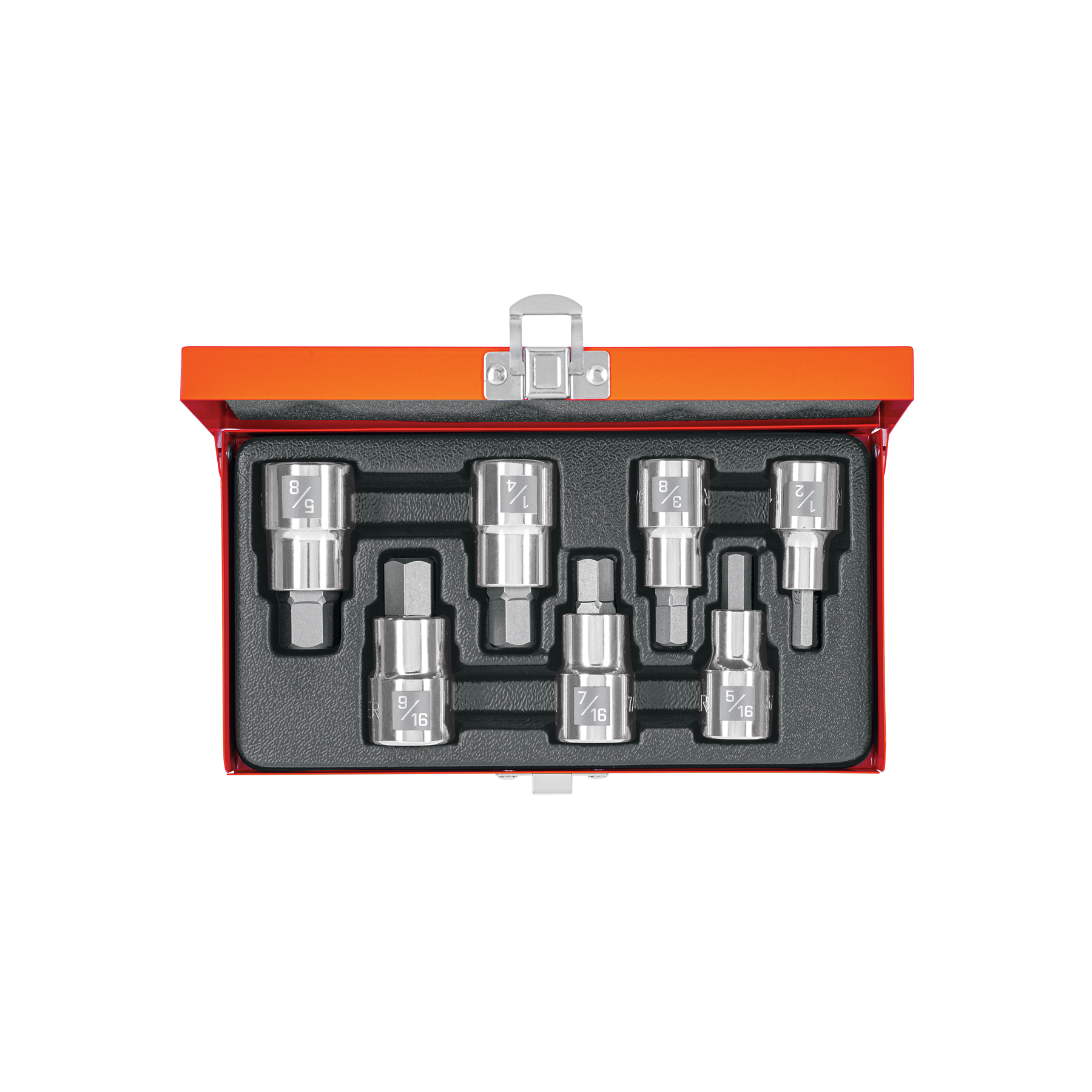Juego de 7 dados cuadro 1/2' punta hex std, estuche metálico
