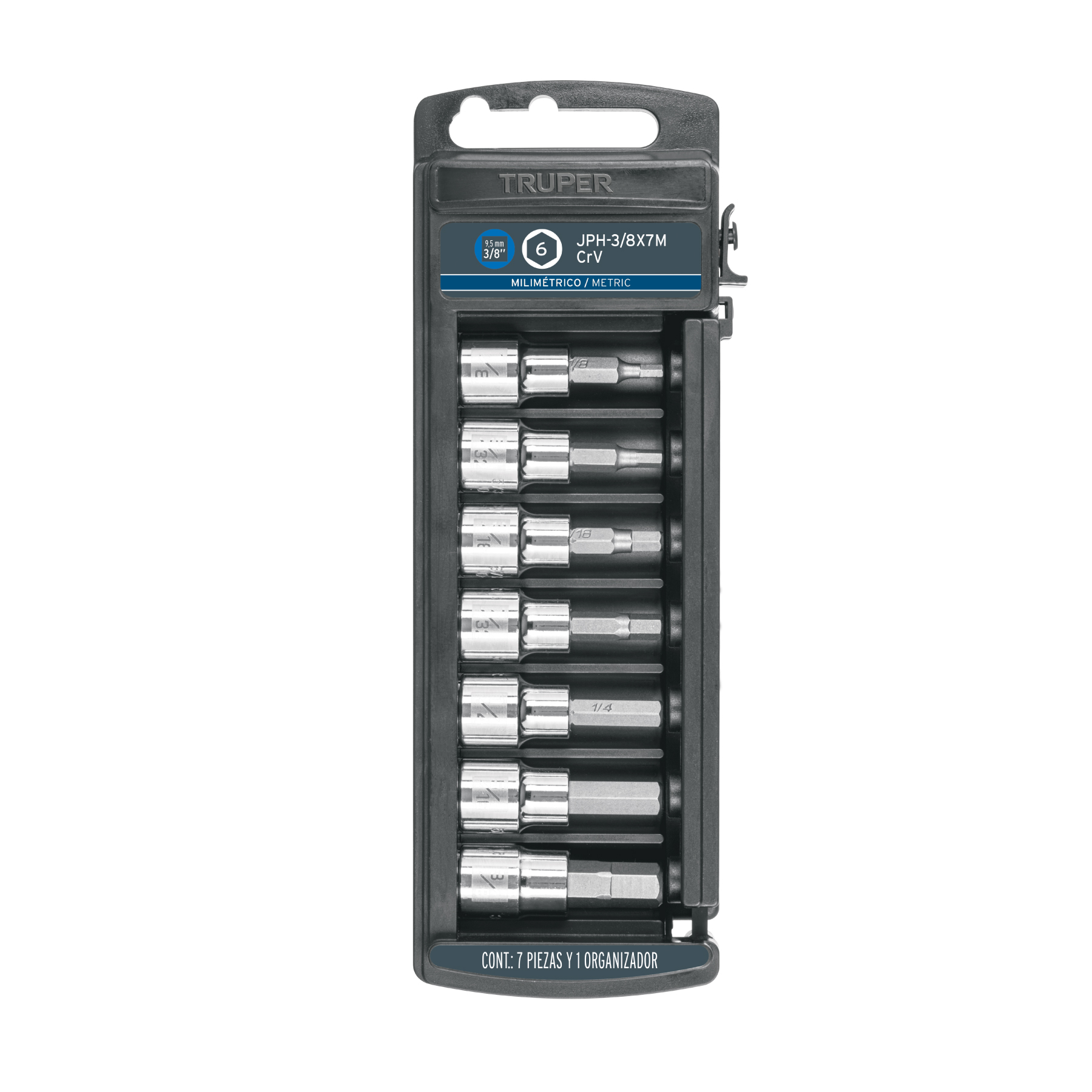 Juego de 7 dados cuadro 3/8' punta hexagonal mm, Truper