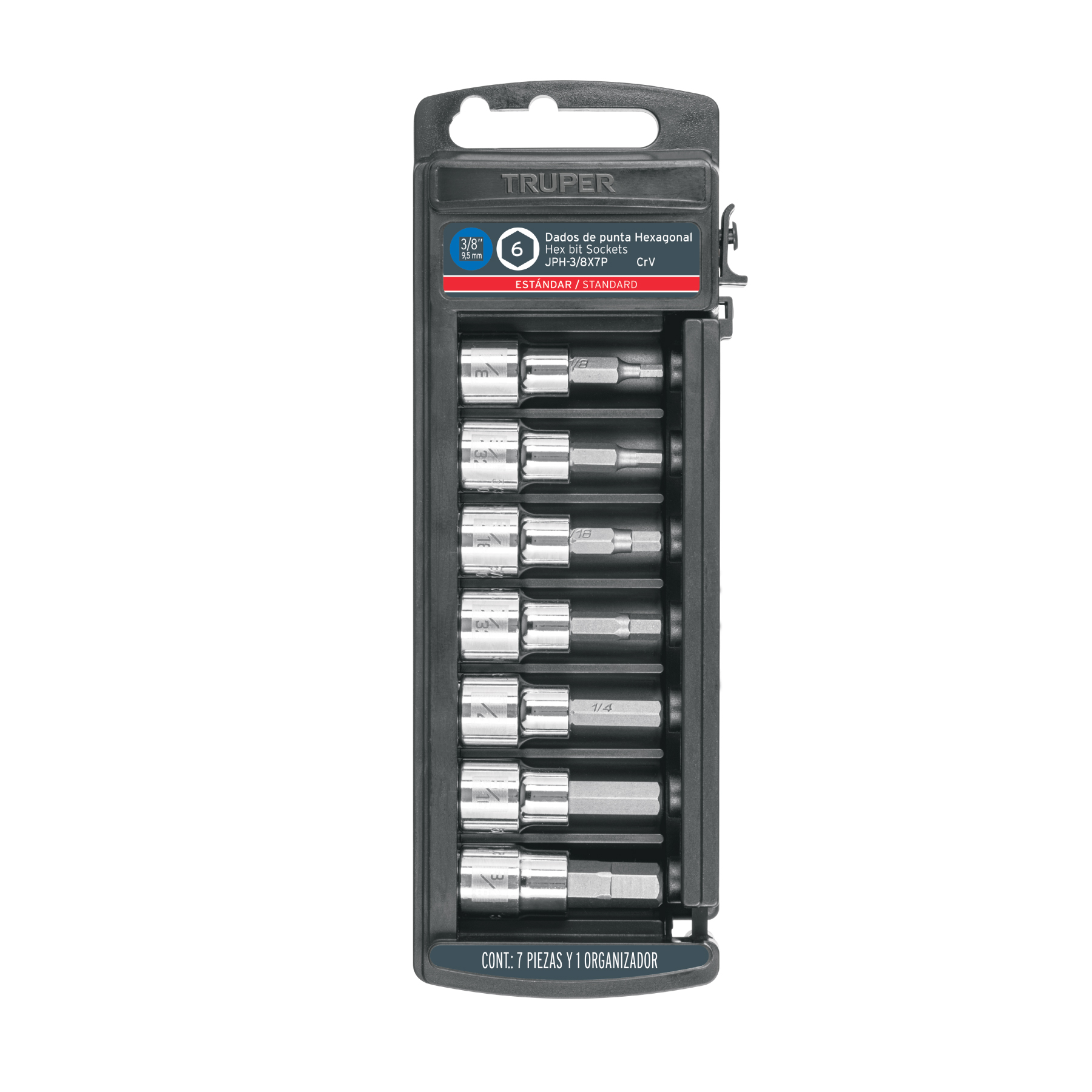 Juego de 7 dados punta hexagonal std, cuadro 3/8', Truper