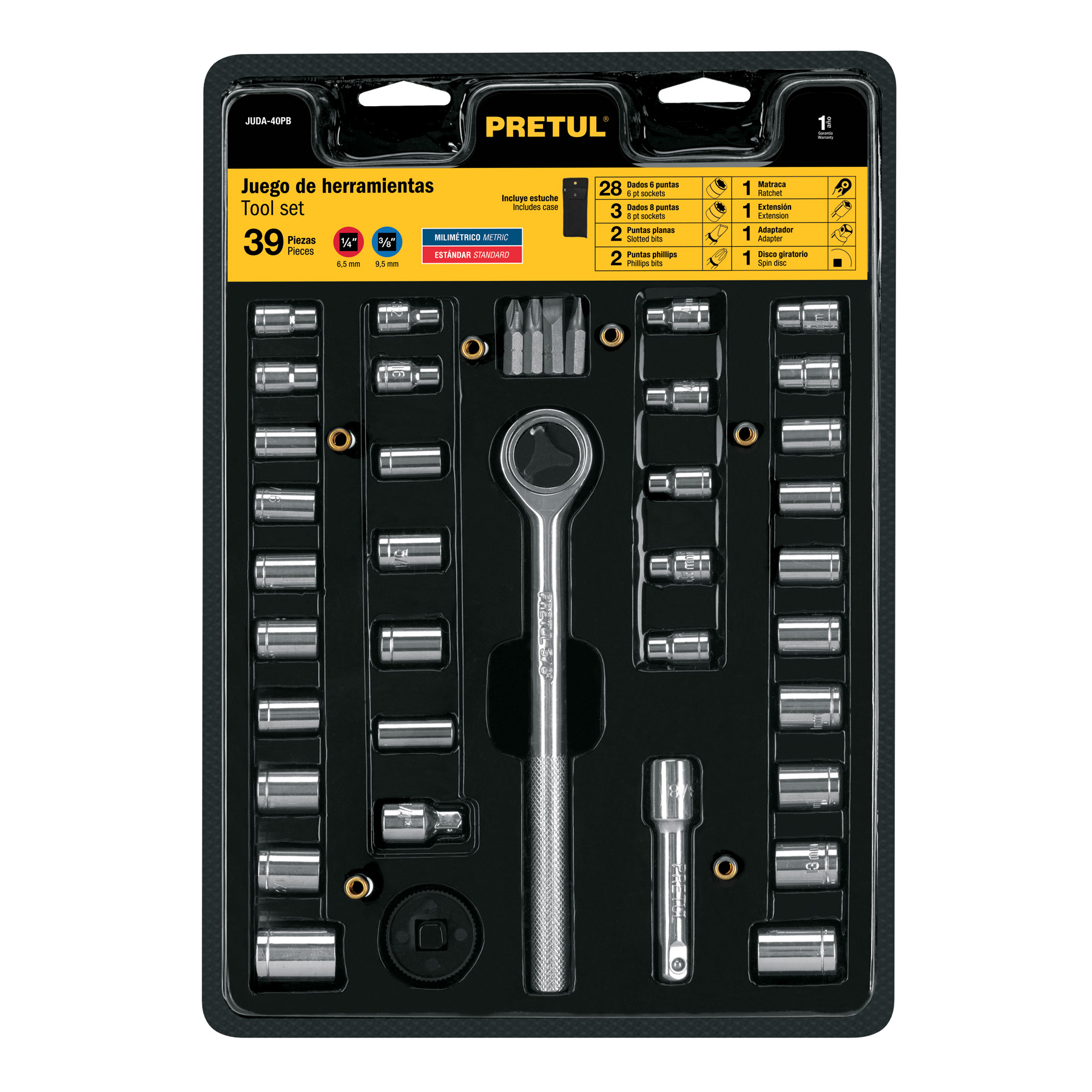 Juego de 39 herramientas 1/4' y 3/8' para mecánico, Pretul
