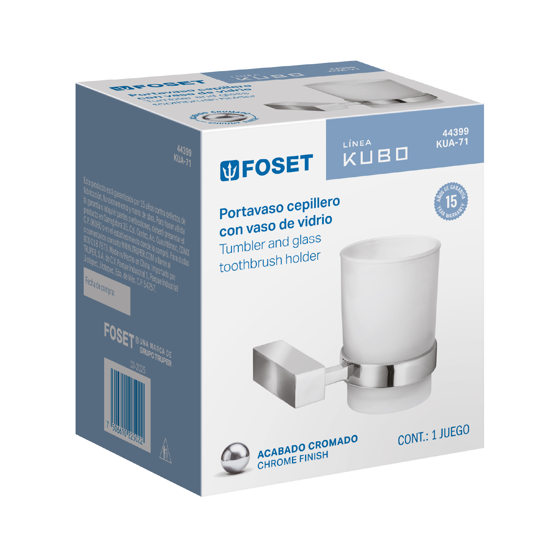 Portavaso cepillero con vaso de vidrio, cromo, FOSET KUBO - Imagen 2