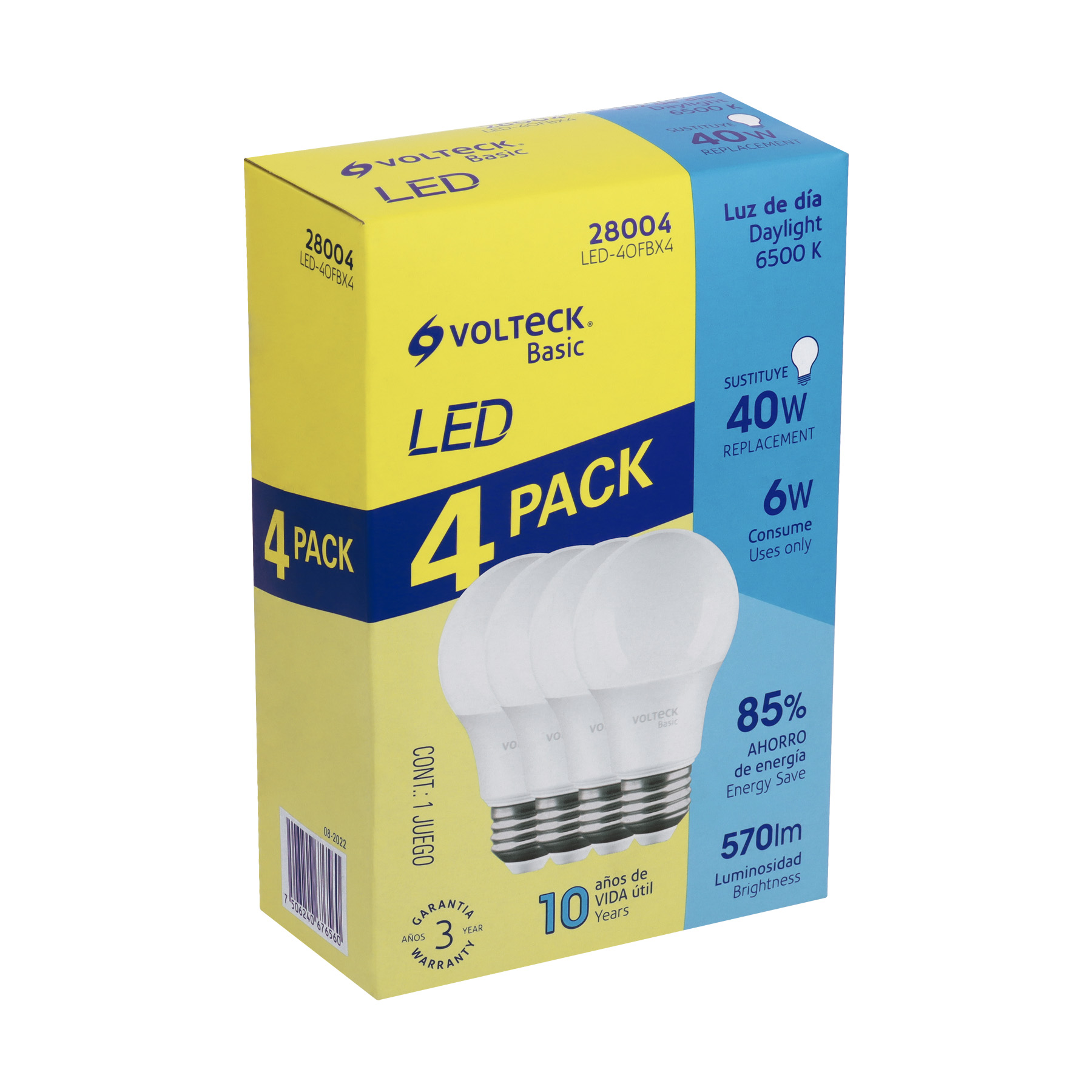 Pack de 4 lámparas LED A19 6 W (equiv. 40 W), luz de día