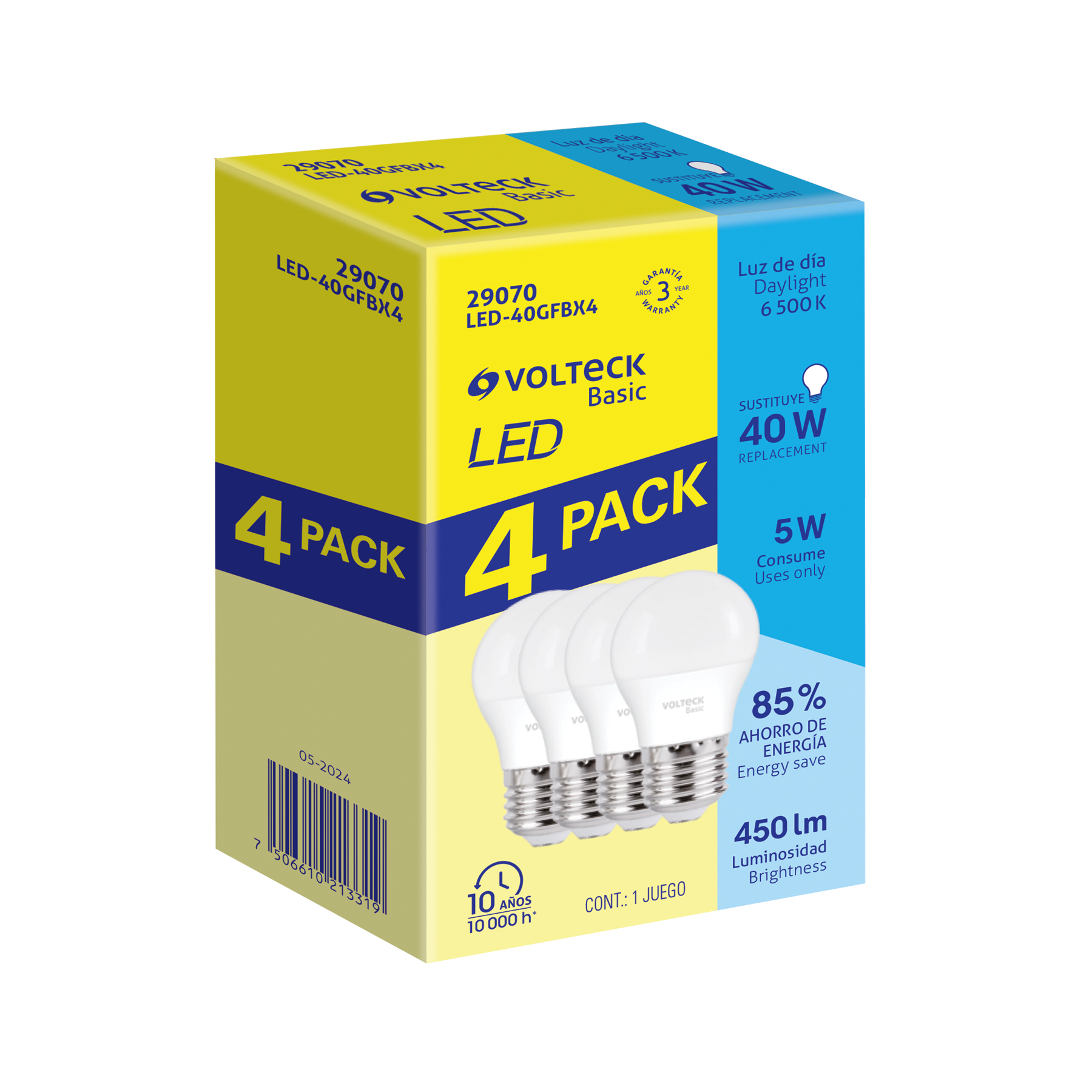 Pack de 4 lámparas LED G45 5 W (equiv. 35 W), luz de día