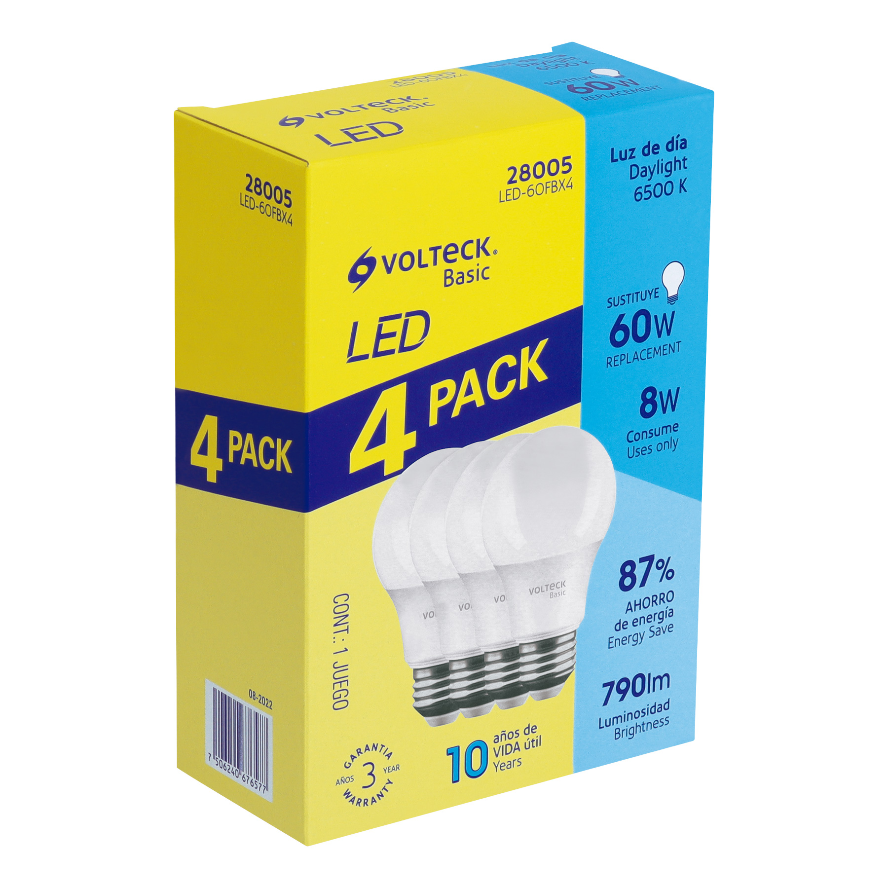 Pack de 4 lámparas LED A19 8 W (equiv. 60 W), luz de día