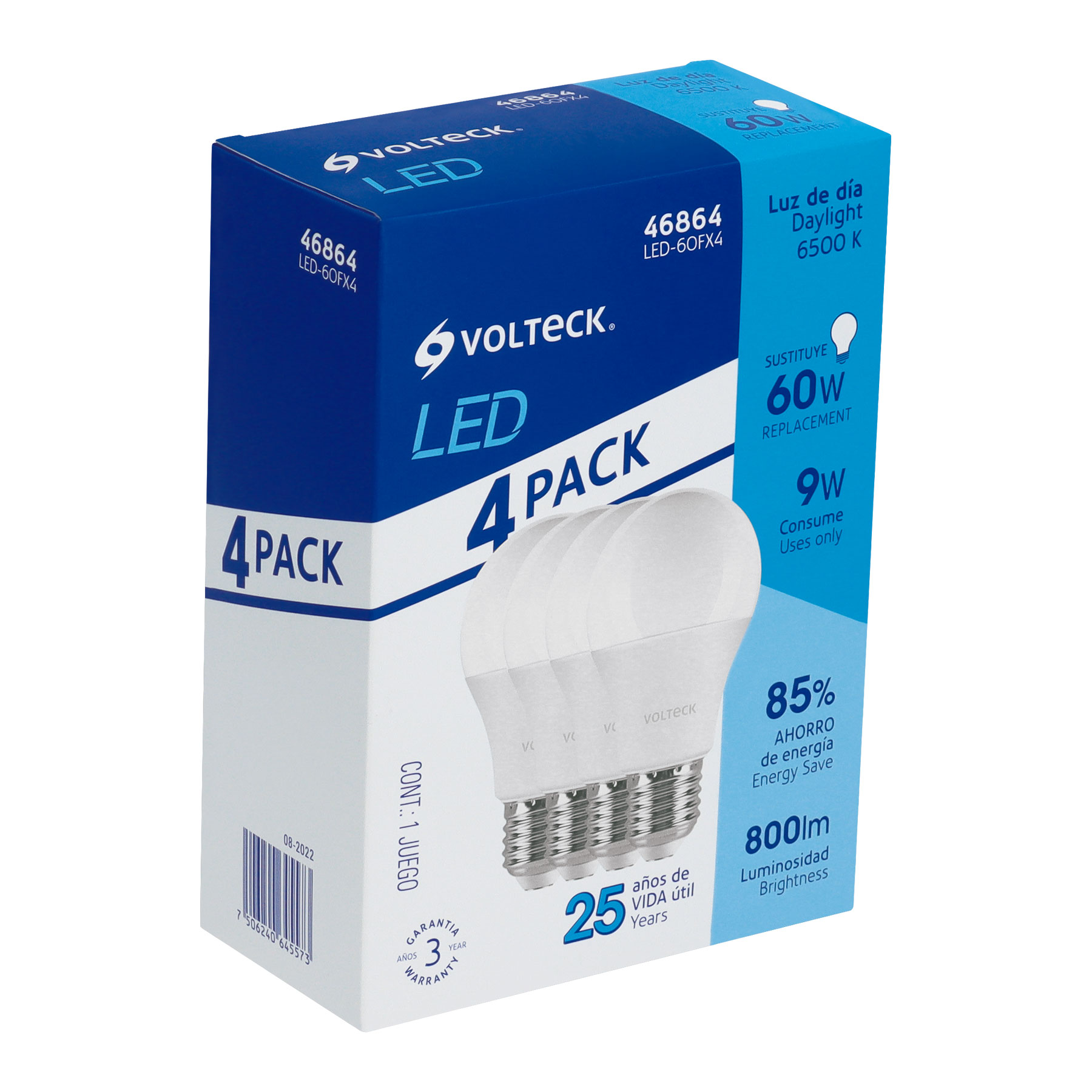 Pack de 4 lámparas LED A19 9 W (equiv. 60 W), luz de día