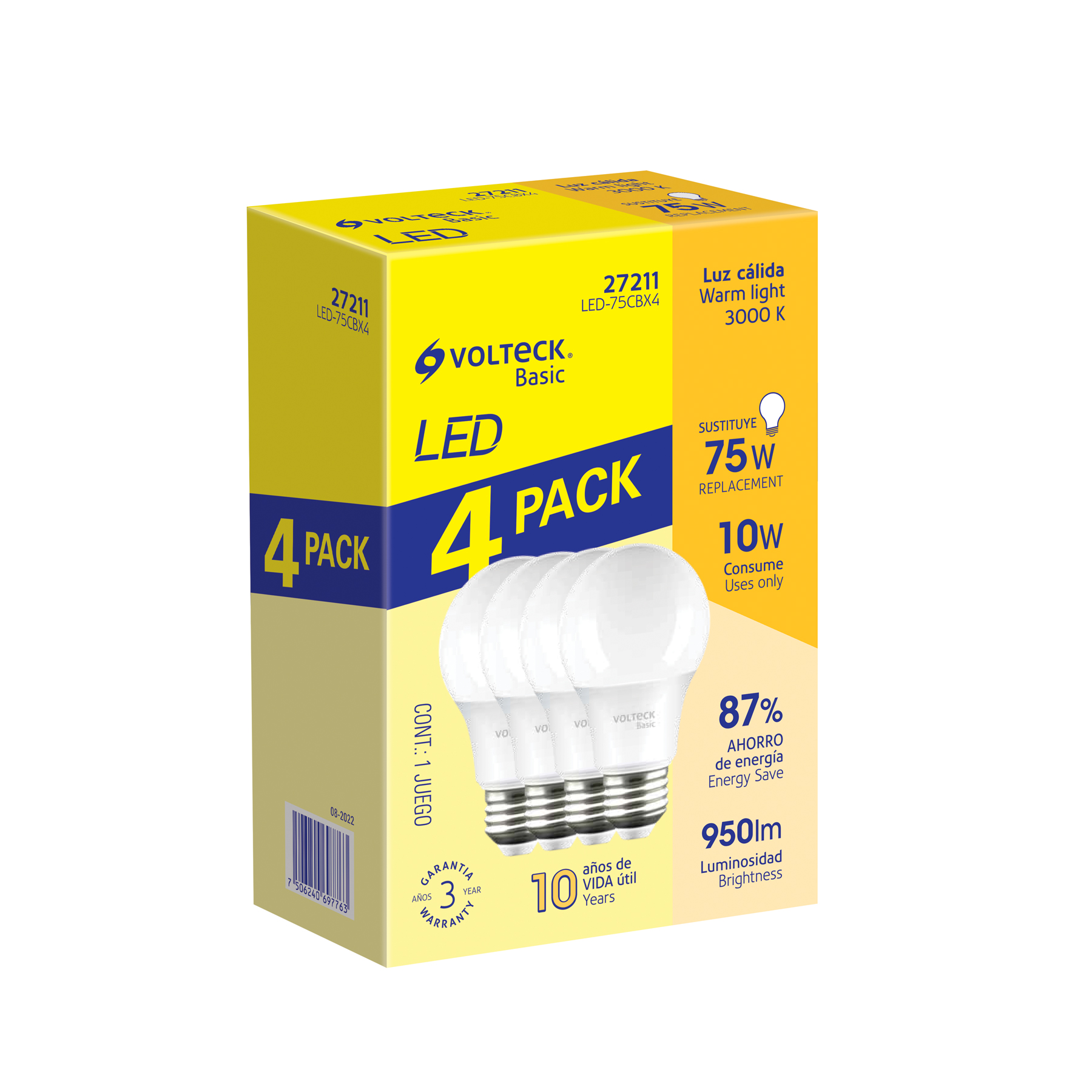 Pack de 4 lámparas LED A19 10 W (equiv. 75 W), luz cálida