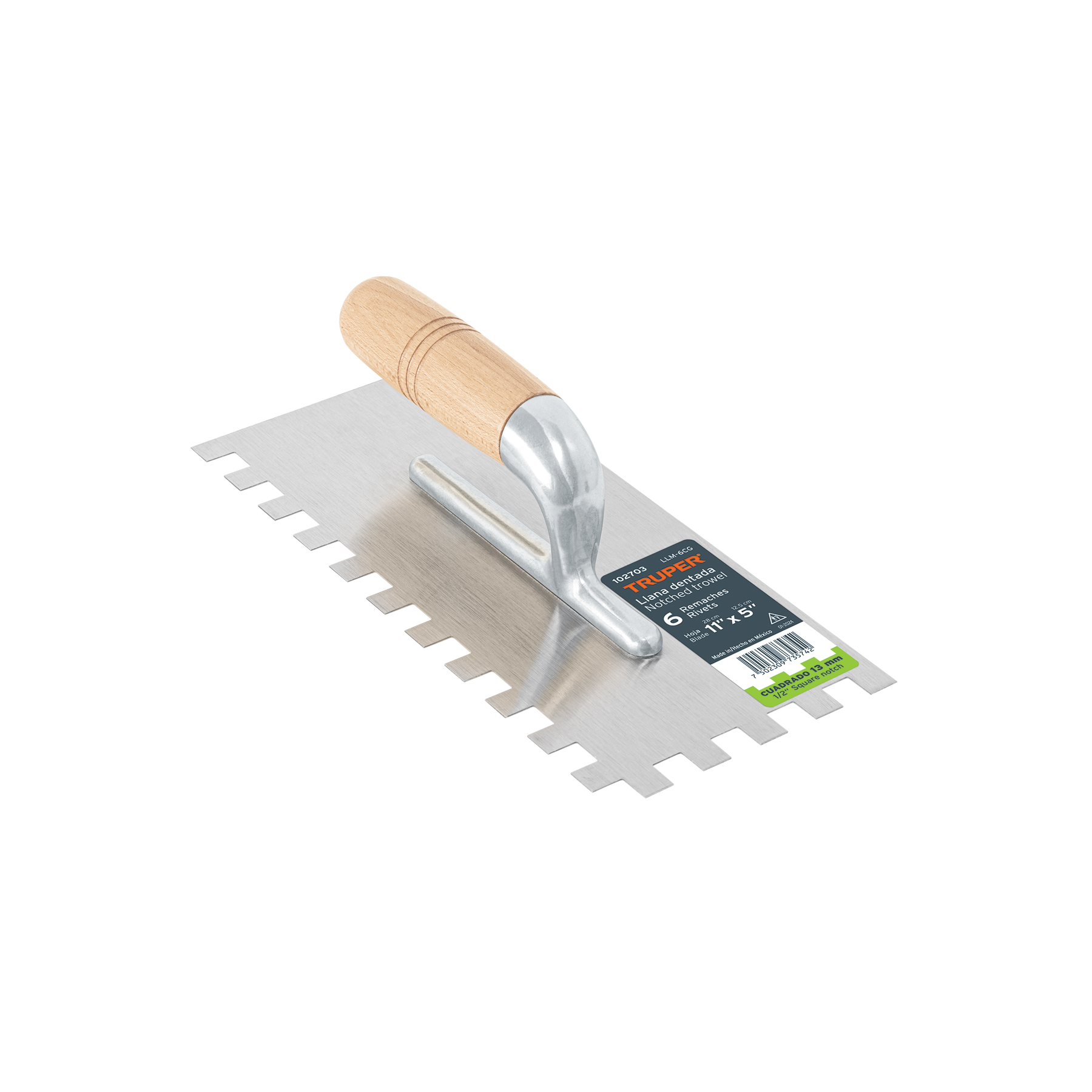 Llana 11' dentado cuadrado 1/2', 6 remaches, mgo madera