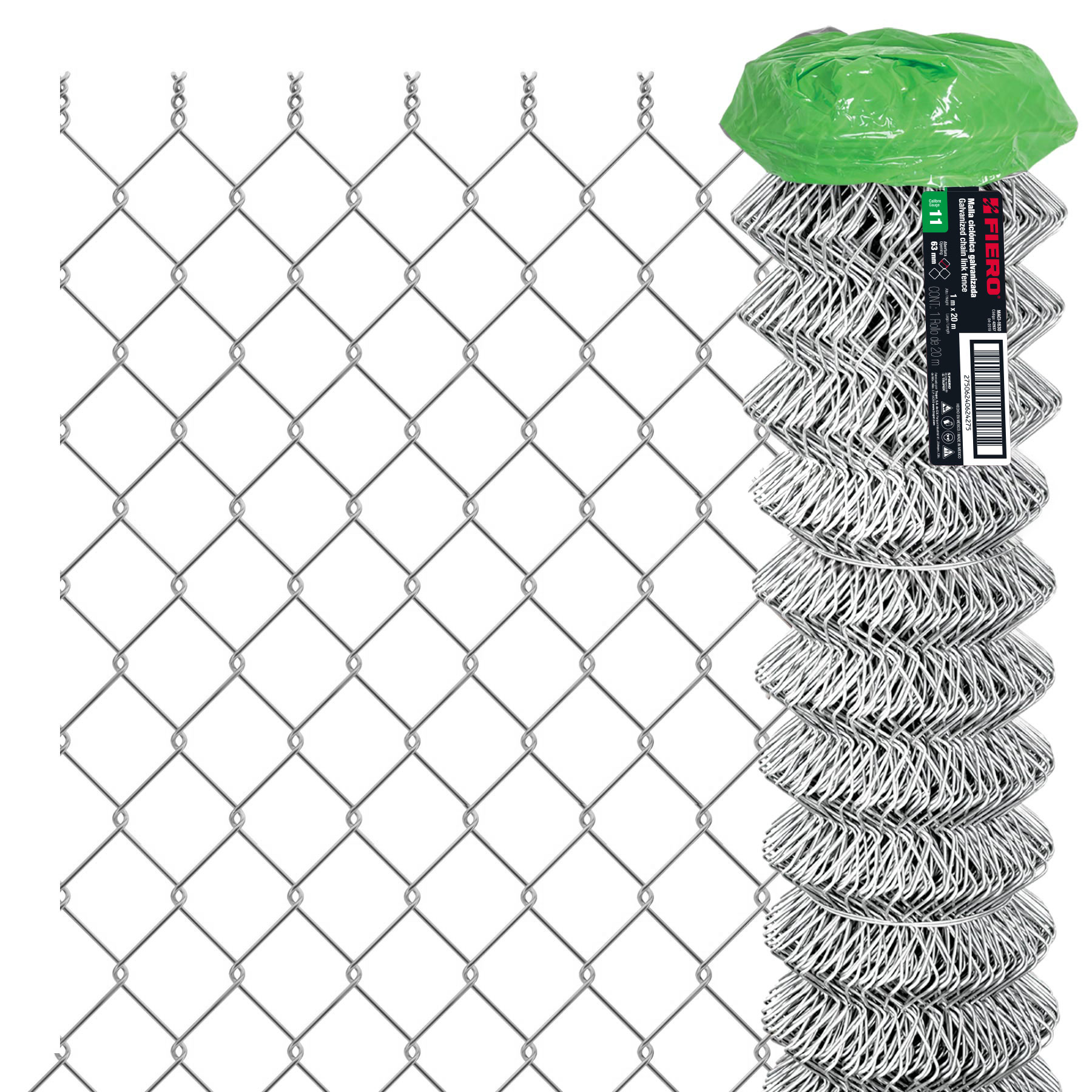 Rollo malla ciclónica cal.11, 1x20m, abertura 63mm, 34kg