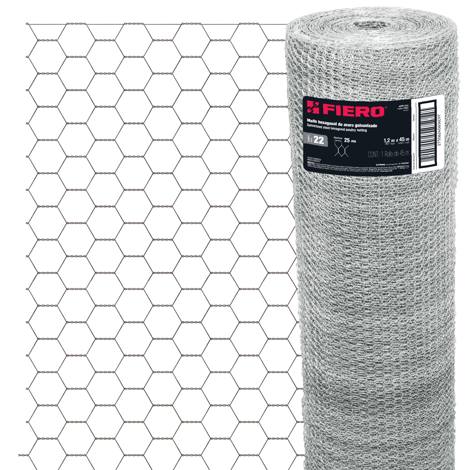 Rollo malla hexagonal cal.22, 1.2x 45m, abertura 25mm, 16kg