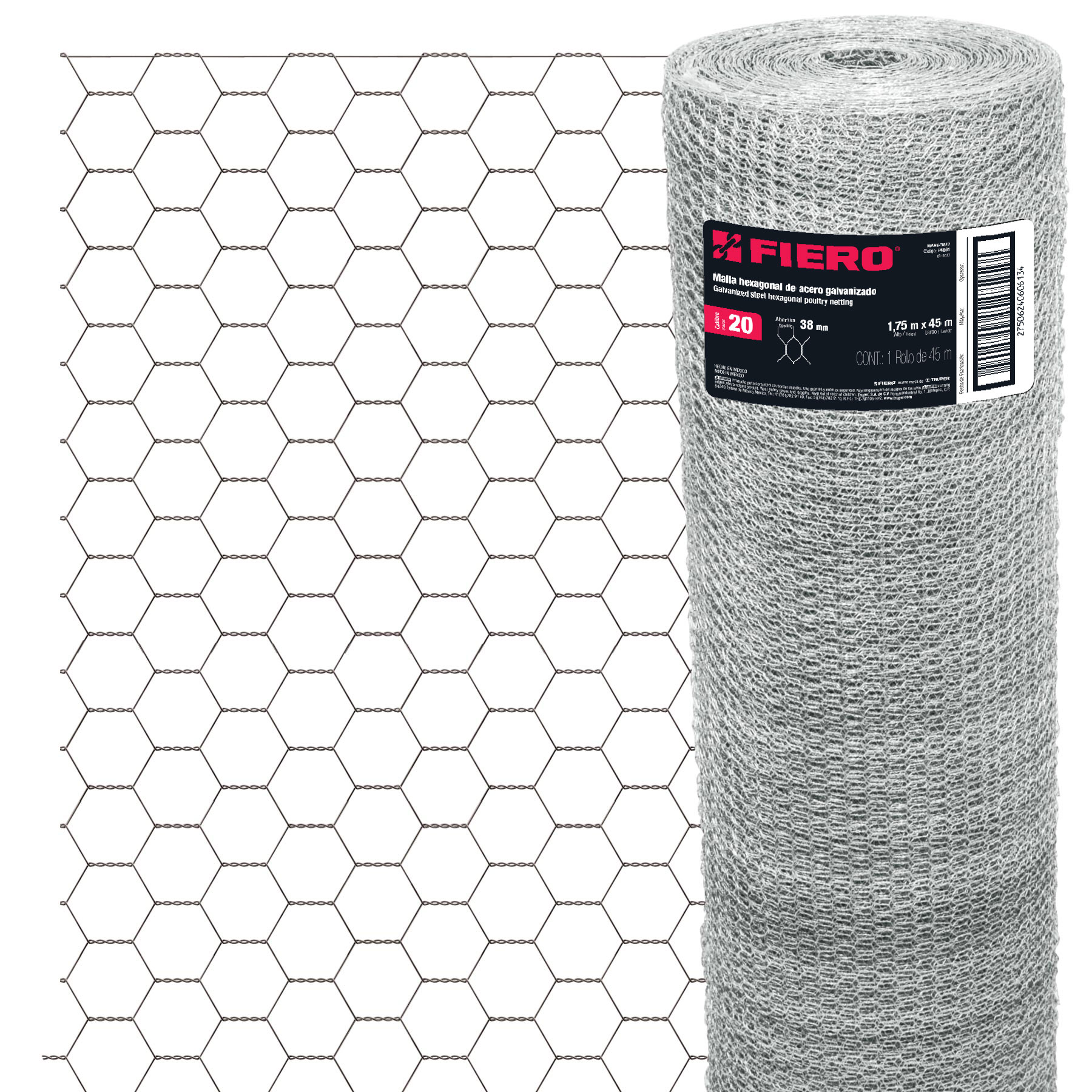 Rollo malla hexagonal cal.20, 1.75x 45m, abertura 38mm, 21kg