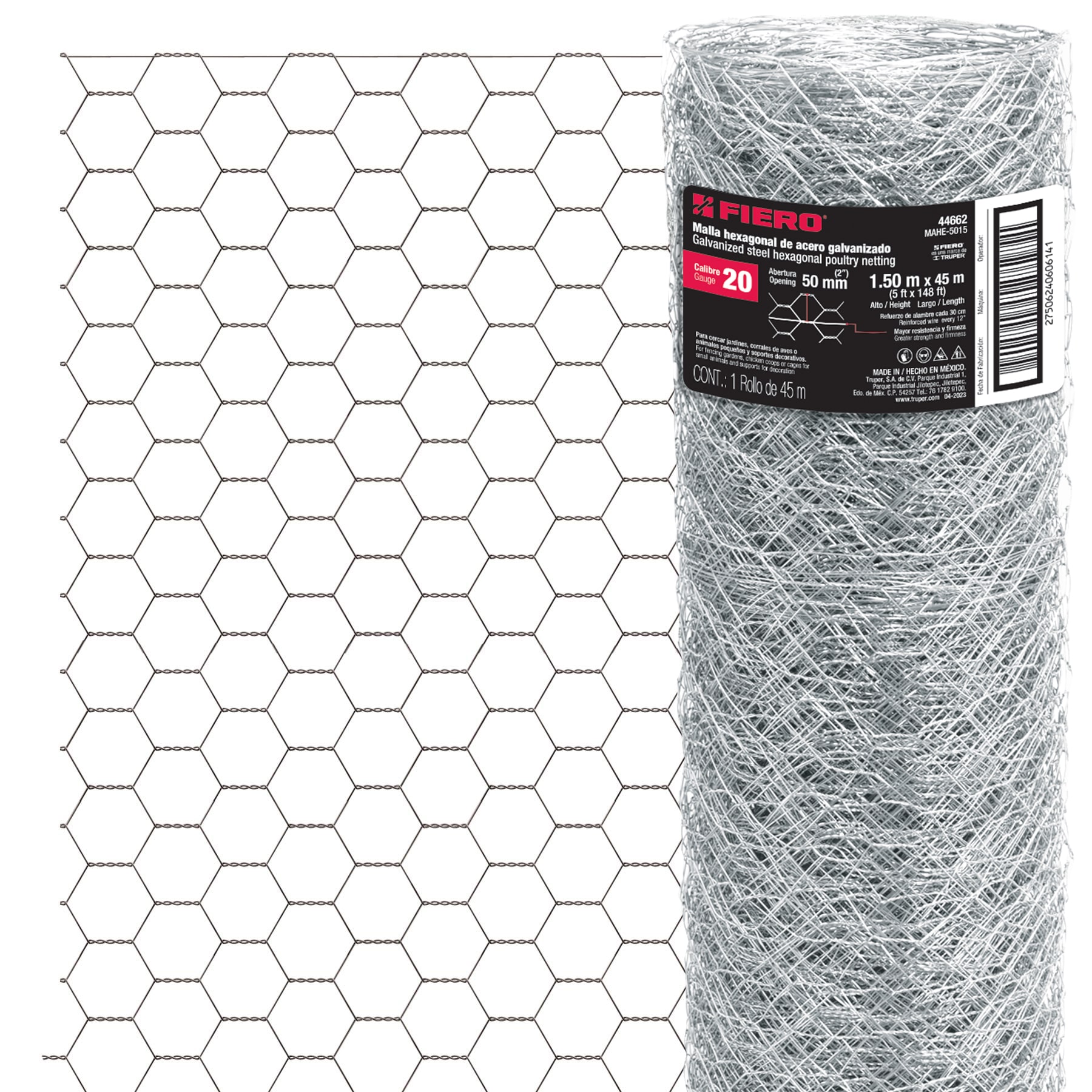 Rollo malla hexagonal cal.20, 1.5x 45m, abertura 50mm, 15kg