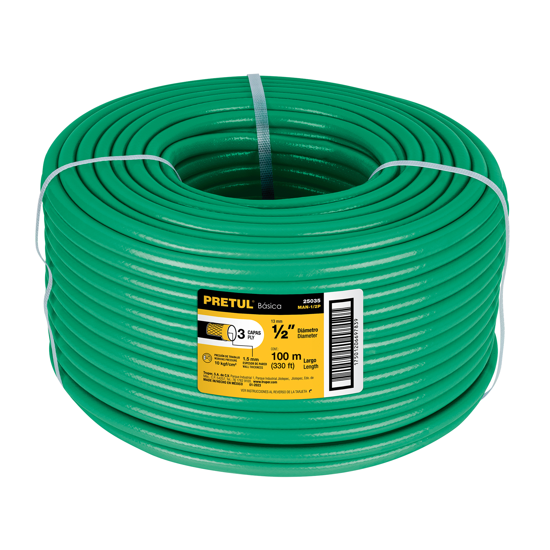 Metro de manguera 1/2' 3 capas en rollo de 100 m, PRETUL