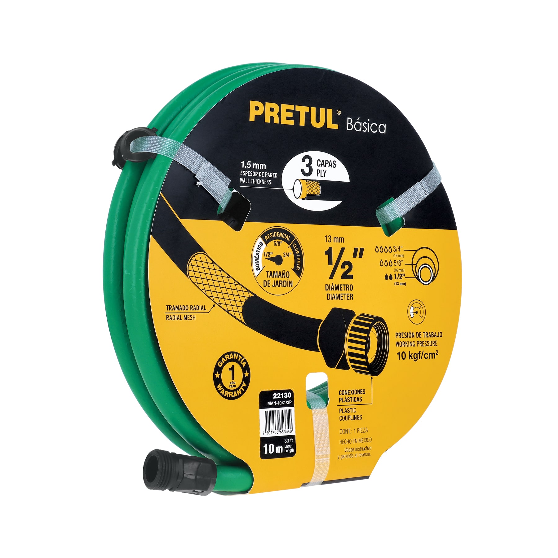 Manguera verde 1/2' 3 capas 10m conexiones plásticas, PRETUL