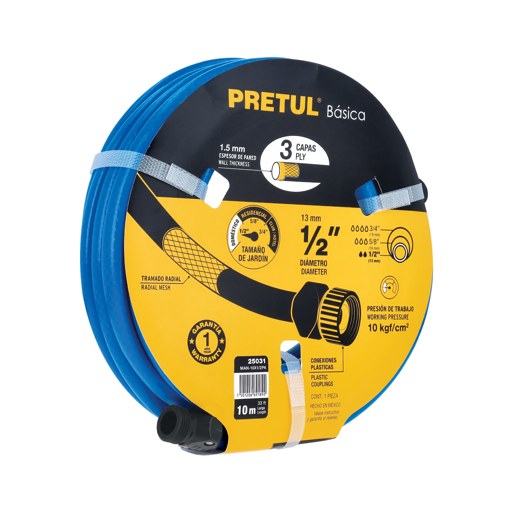 Manguera azul 1/2' 3 capas 10 m conexiones plásticas, PRETUL