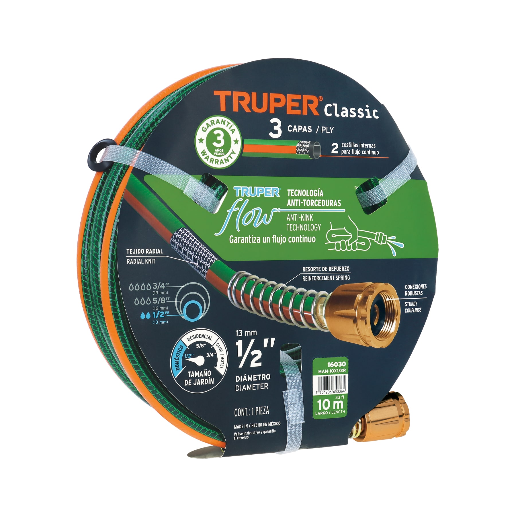 Manguera 1/2' reforzada 3 capas 10 m conexiones de metal