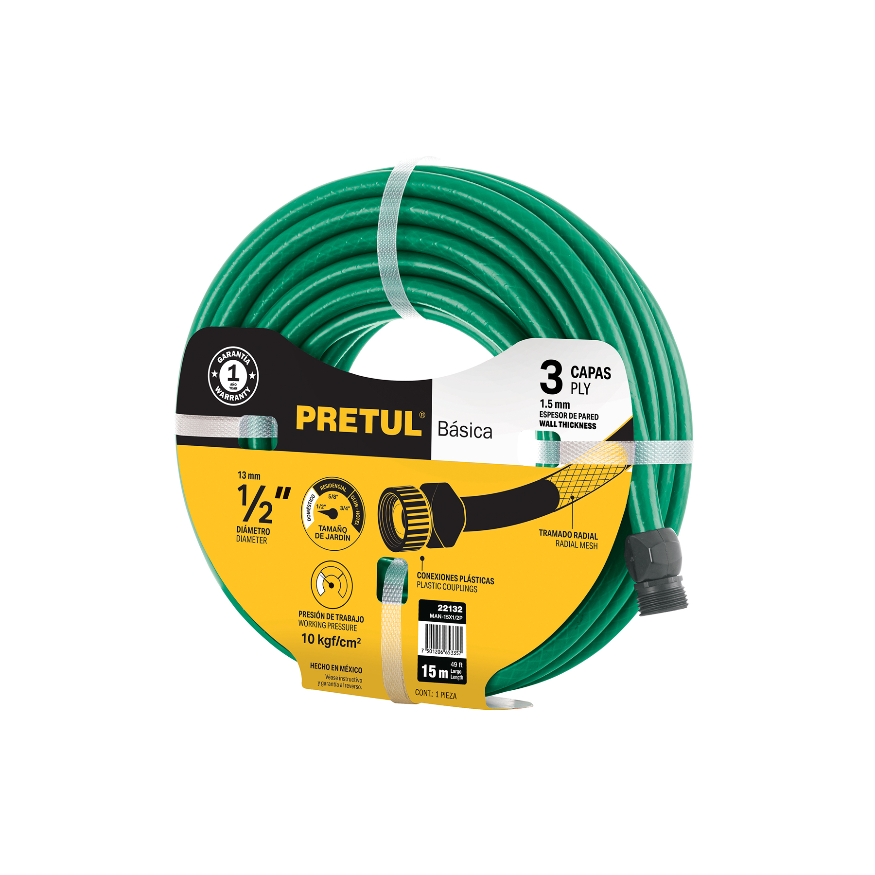 Manguera verde 1/2' 3 capas 15m conexiones plásticas, PRETUL