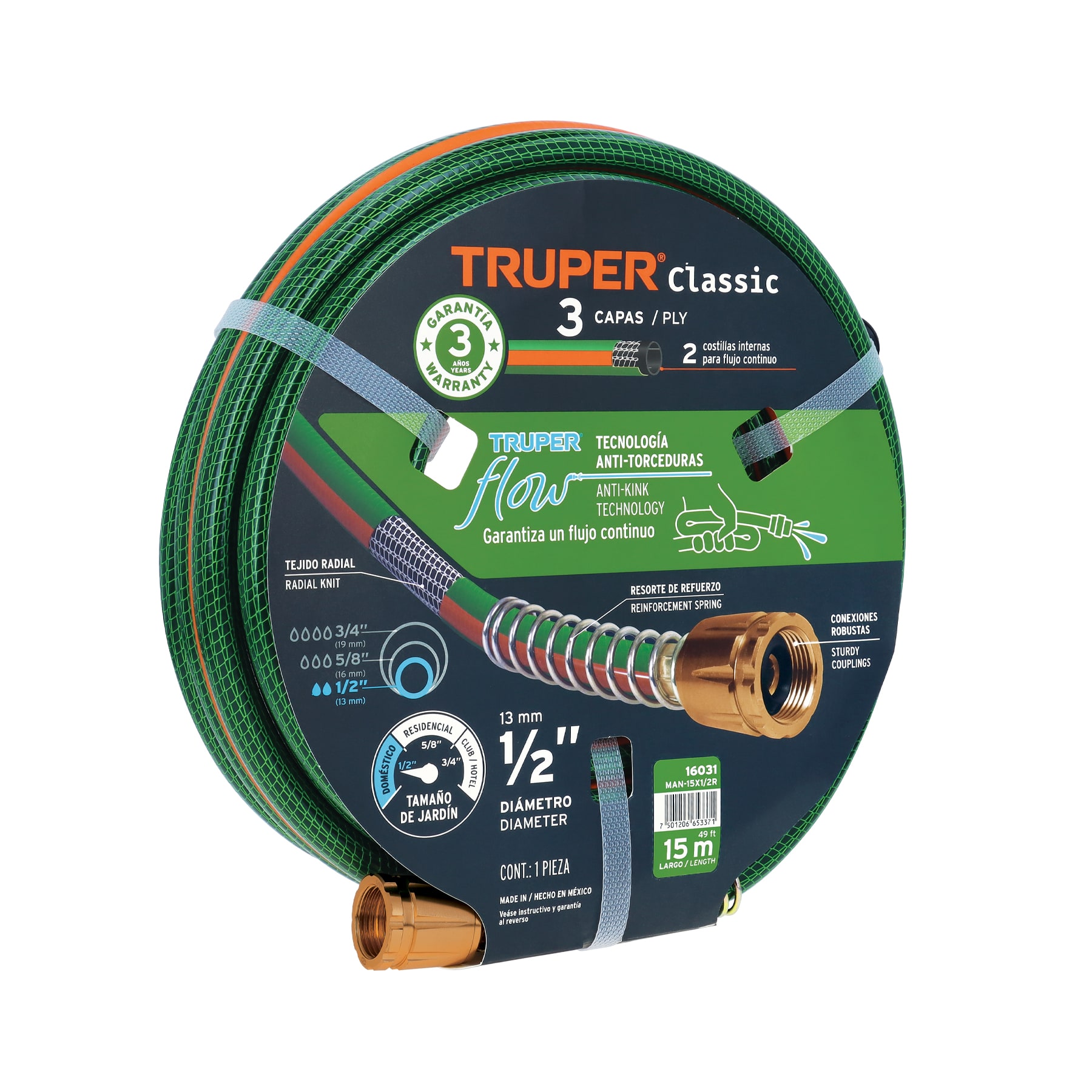 Manguera 1/2' reforzada 3 capas 15 m conexiones de metal