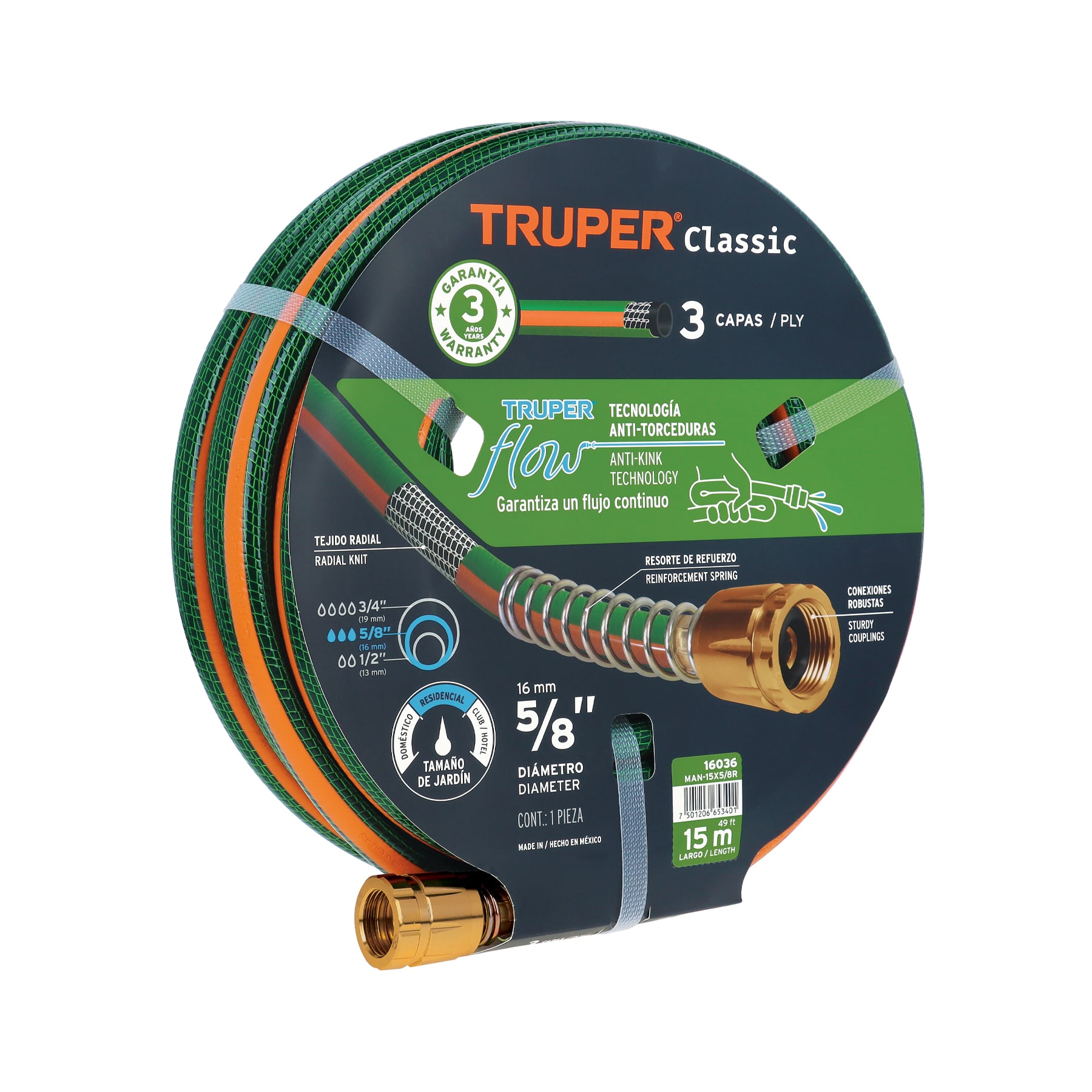 Manguera 5/8' reforzada 3 capas 15 m conexiones de metal