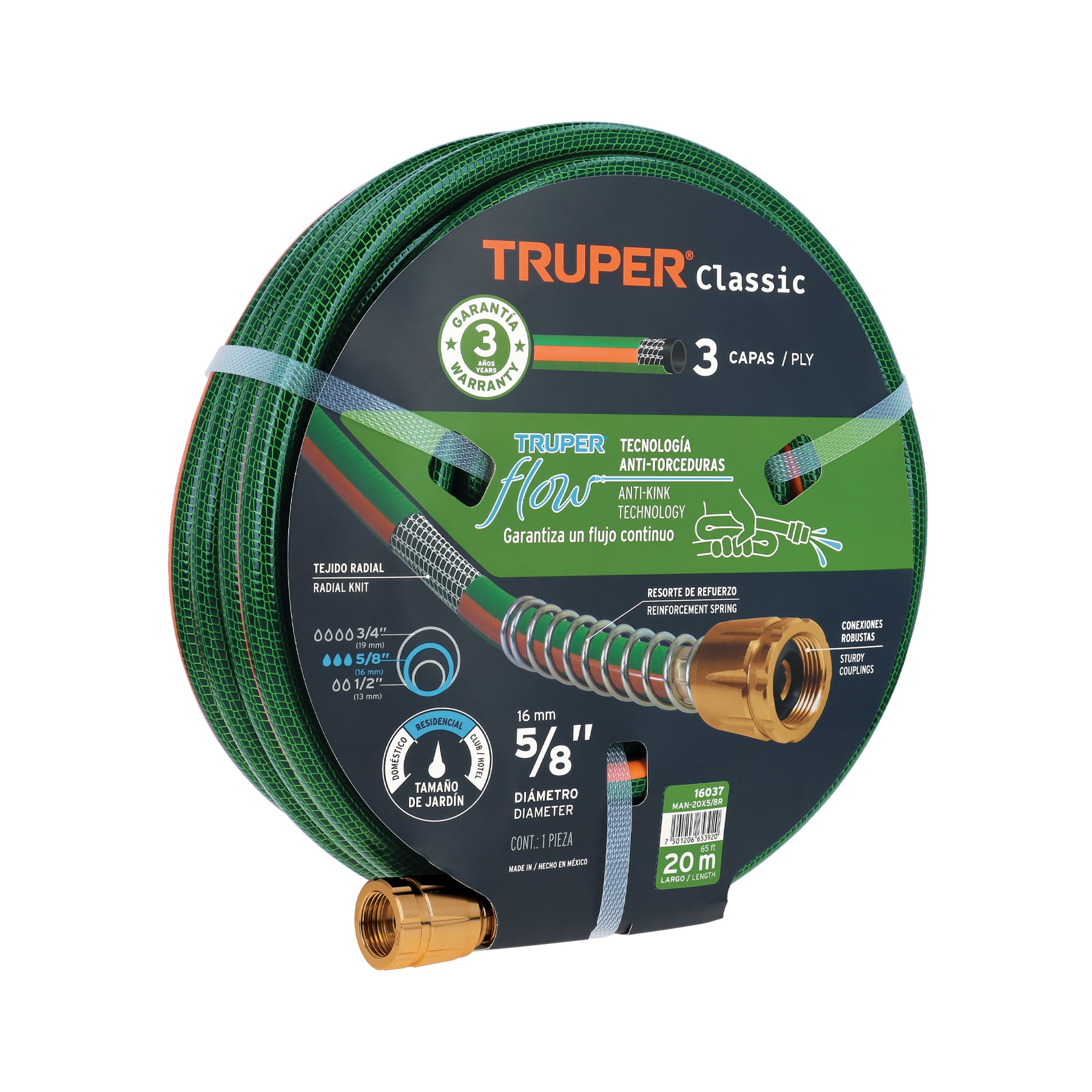 Manguera 5/8' reforzada 3 capas 20 m conexiones de metal