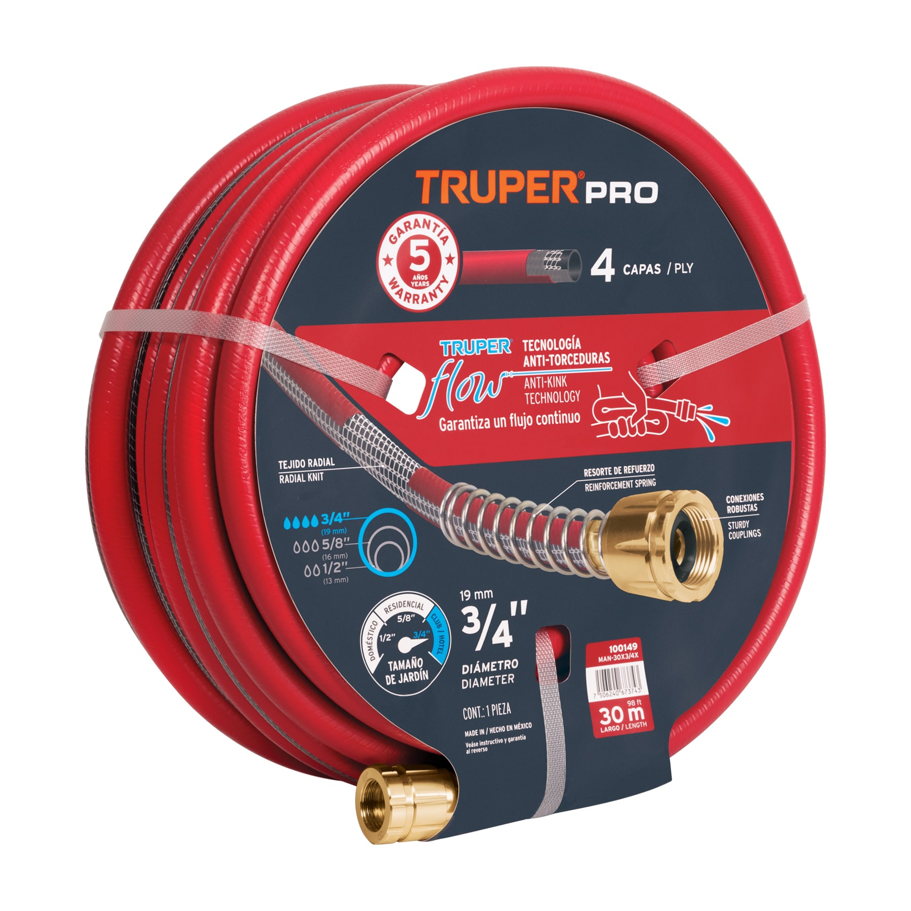 Manguera 3/4' super reforzada 4 capas 30m conexiones metal