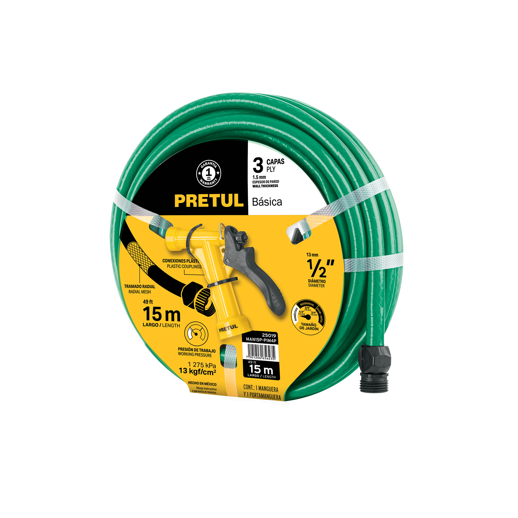 Combo manguera MAN-15X1/2P y pistola de riego PIM-4P, PRETUL