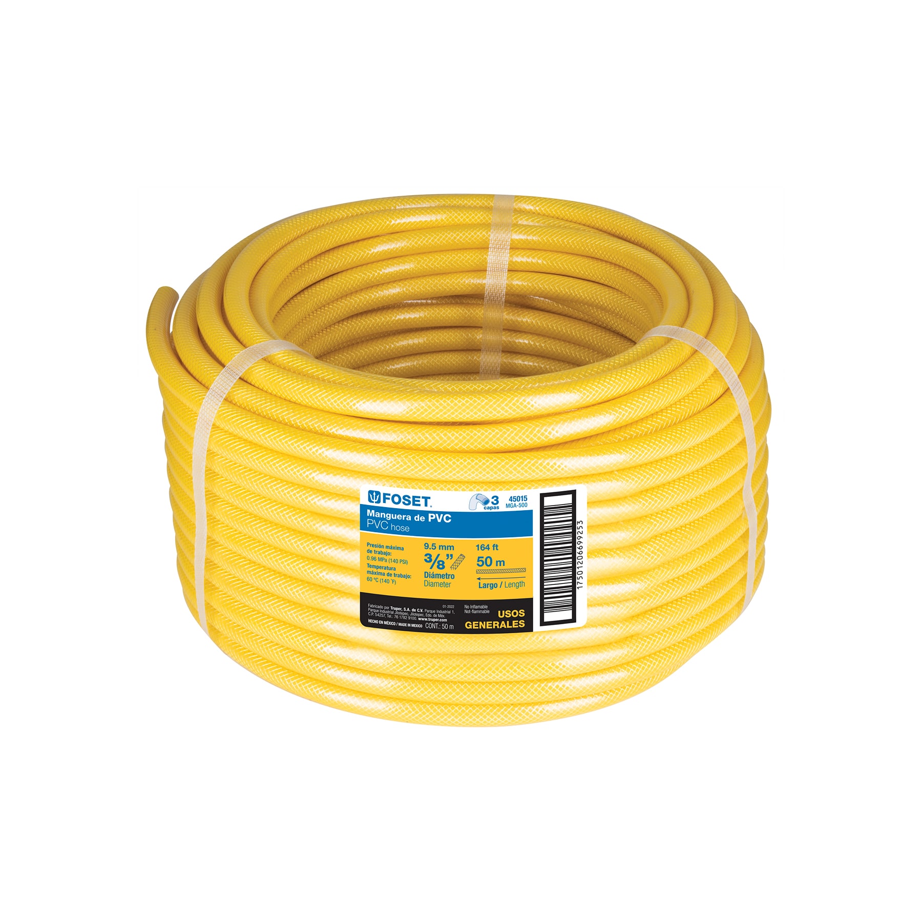 Manguera para gas, PVC amarilla, 3/8' s/conexión, 50 m,FOSET