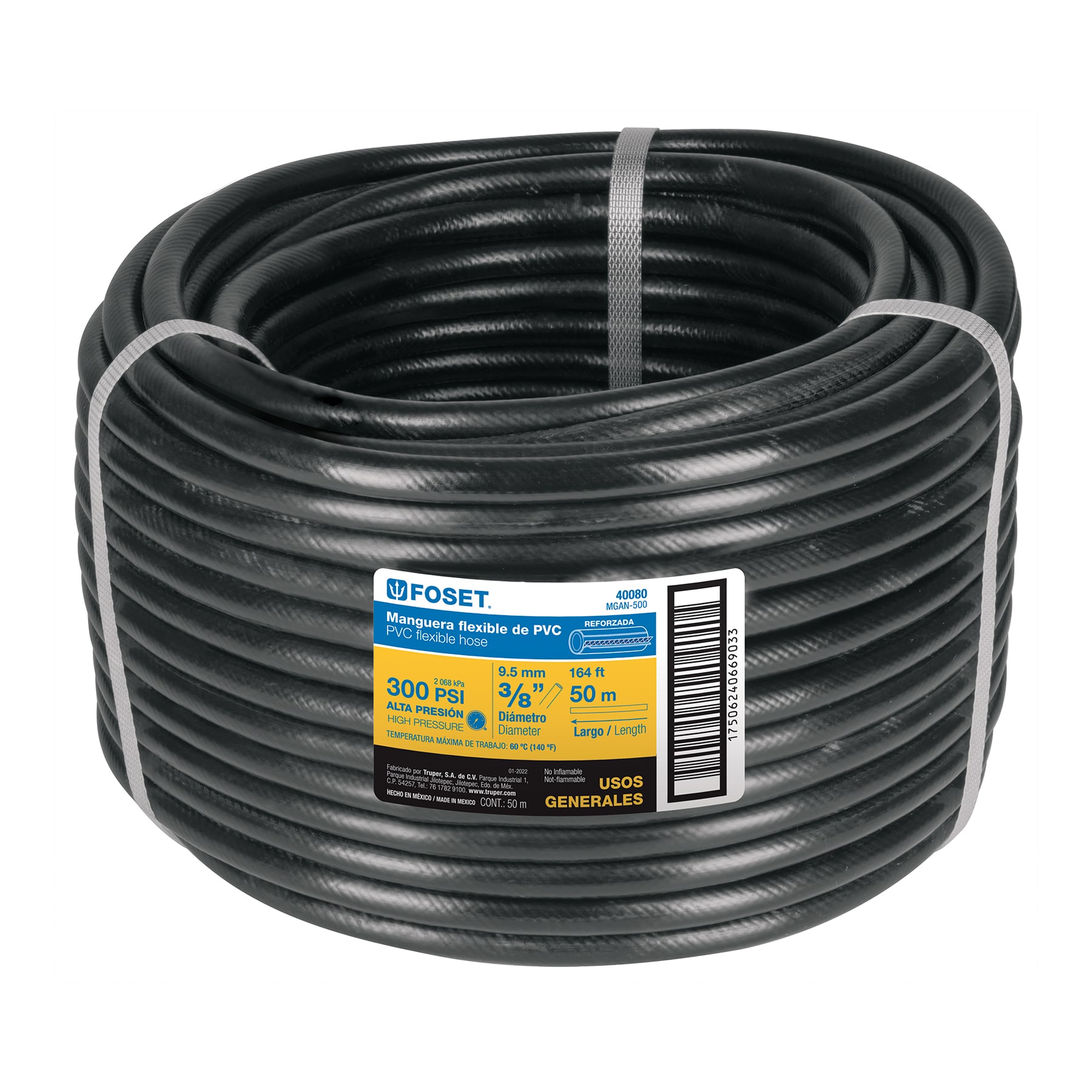 Manguera para gas, PVC negra, 3/8' s/conex, 50 m, FOSET