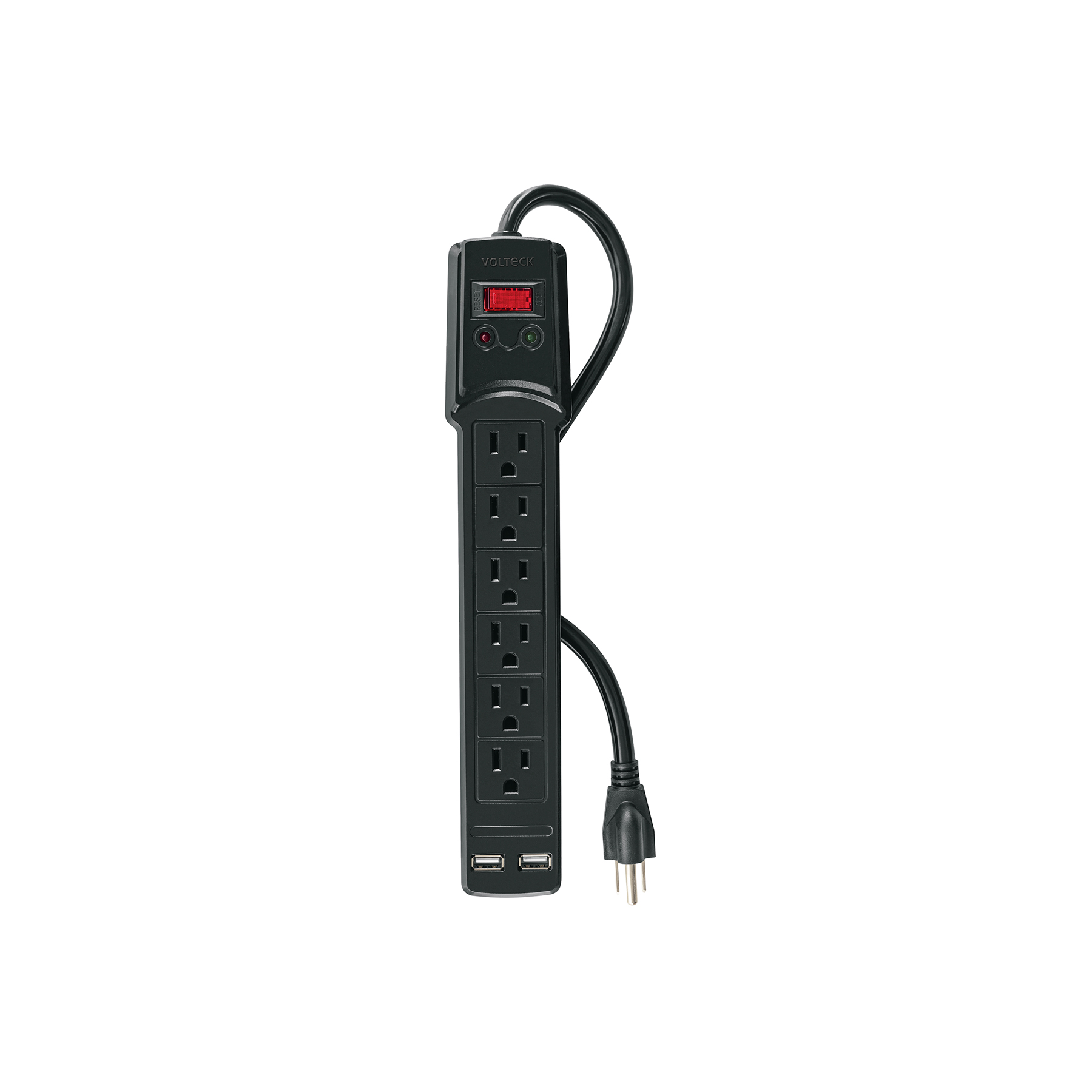 Multicontacto 14 AWG 6 entradas 2 ptos. USB sup. 150J, negro