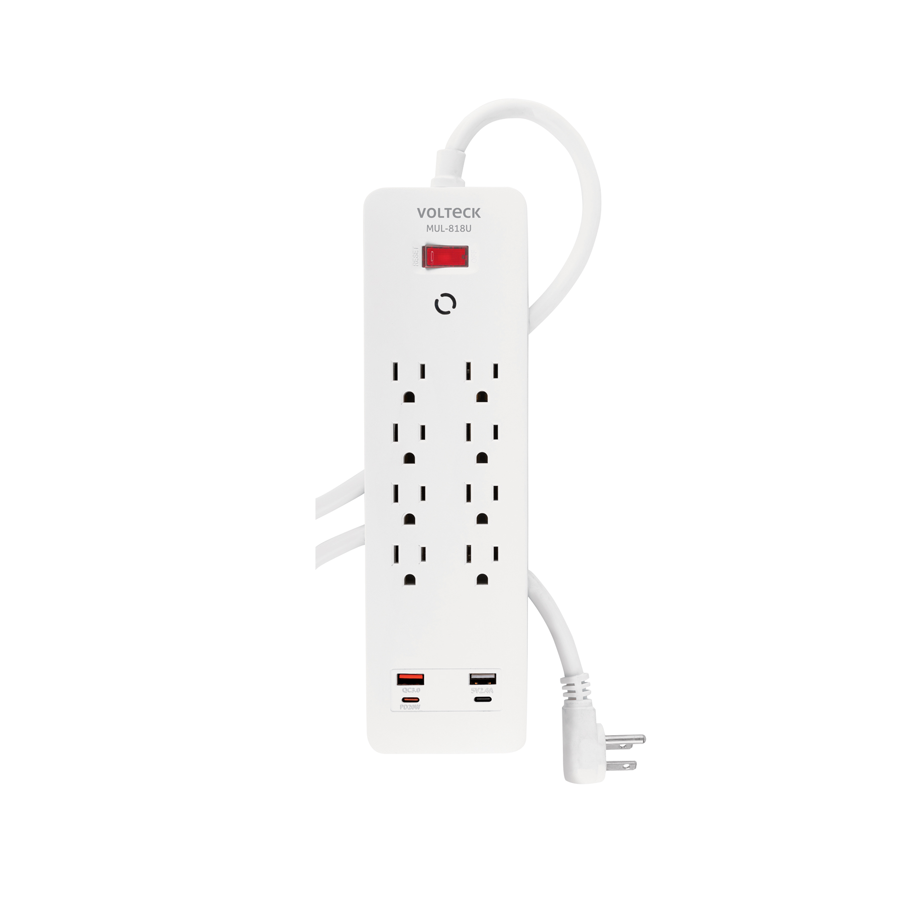 Multicontacto 8 entradas, 2 USB A + 2 USB C, blanco, VOLTECK