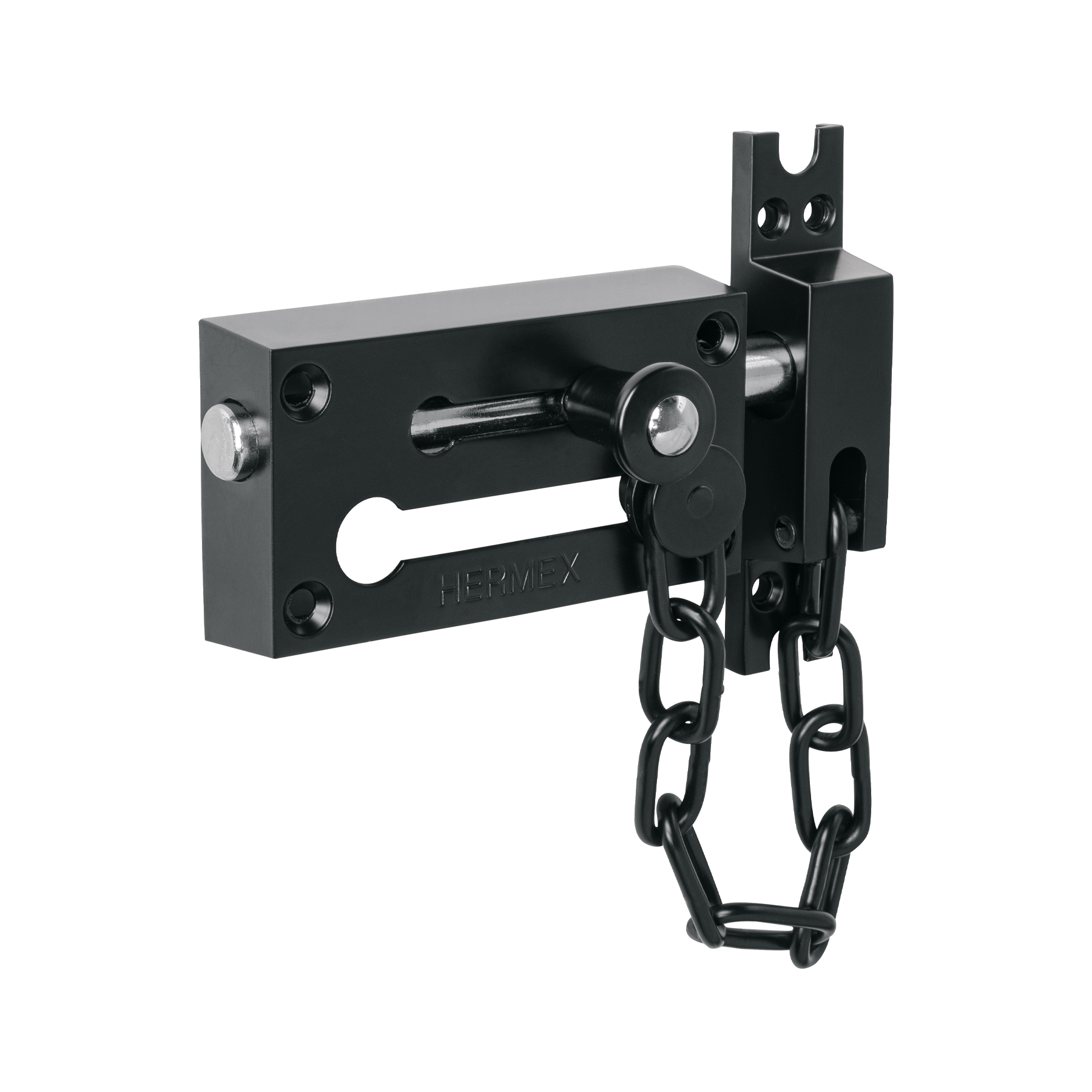 Pasador con cadena para puerta, acabado negro, HERMEX