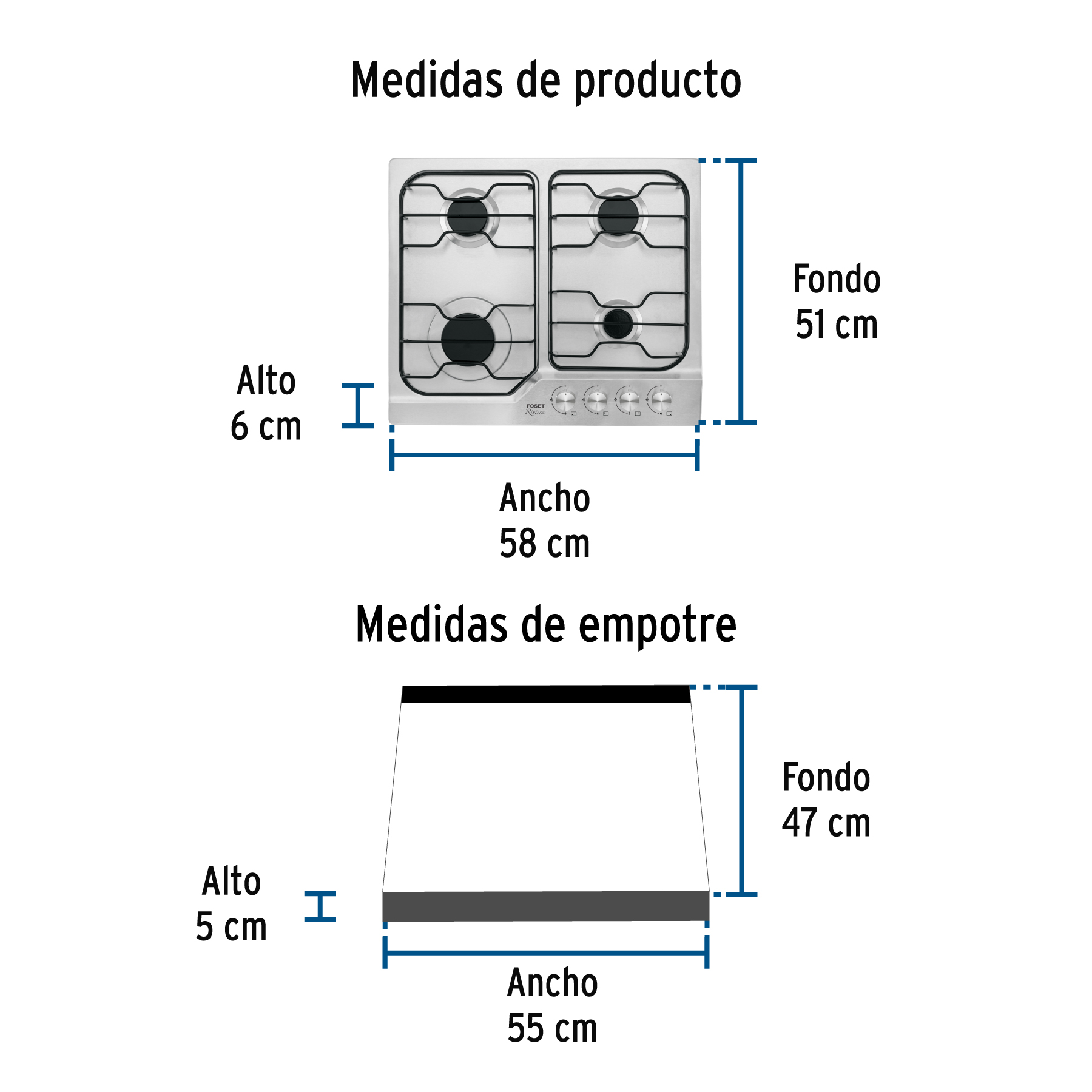 Parrilla gas empotrable 60cm, 4 quem, inox, esmalte, Foset - Imagen 3