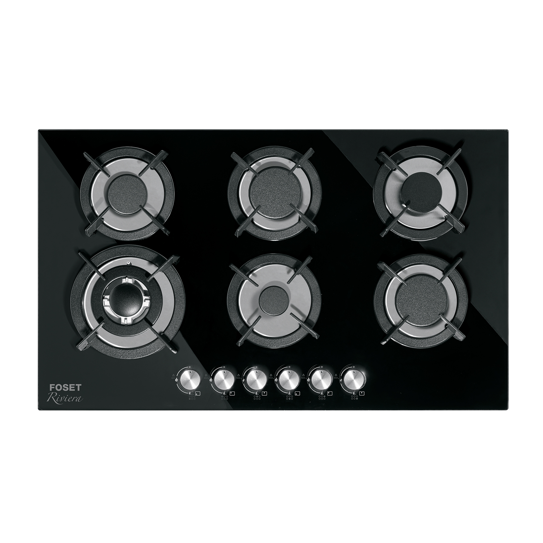 Parrilla gas empotrable 90cm, 6 quem, vidrio negro, Riviera