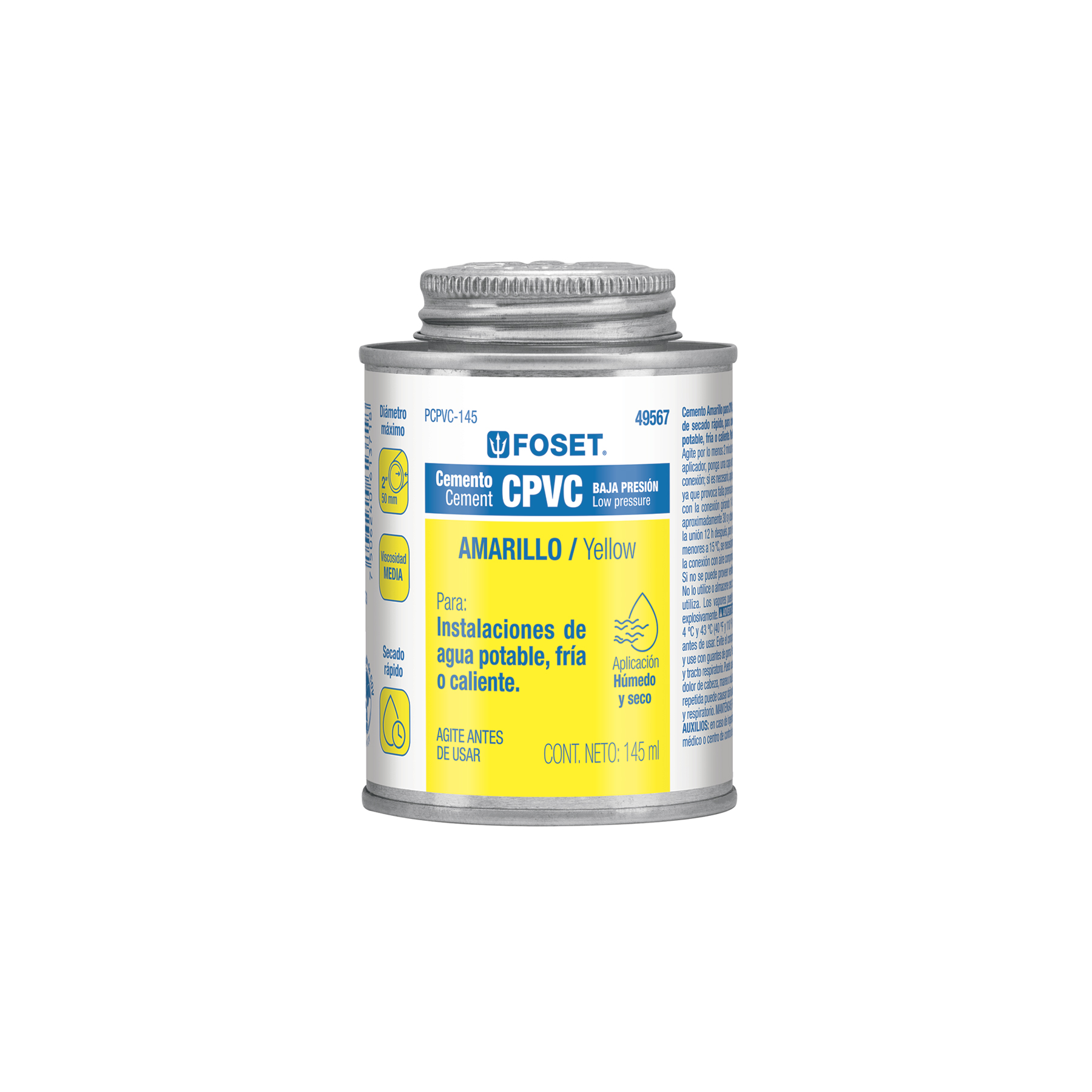 Cemento p/CPVC, amarillo, toda presión, lata 145ml, FOSET