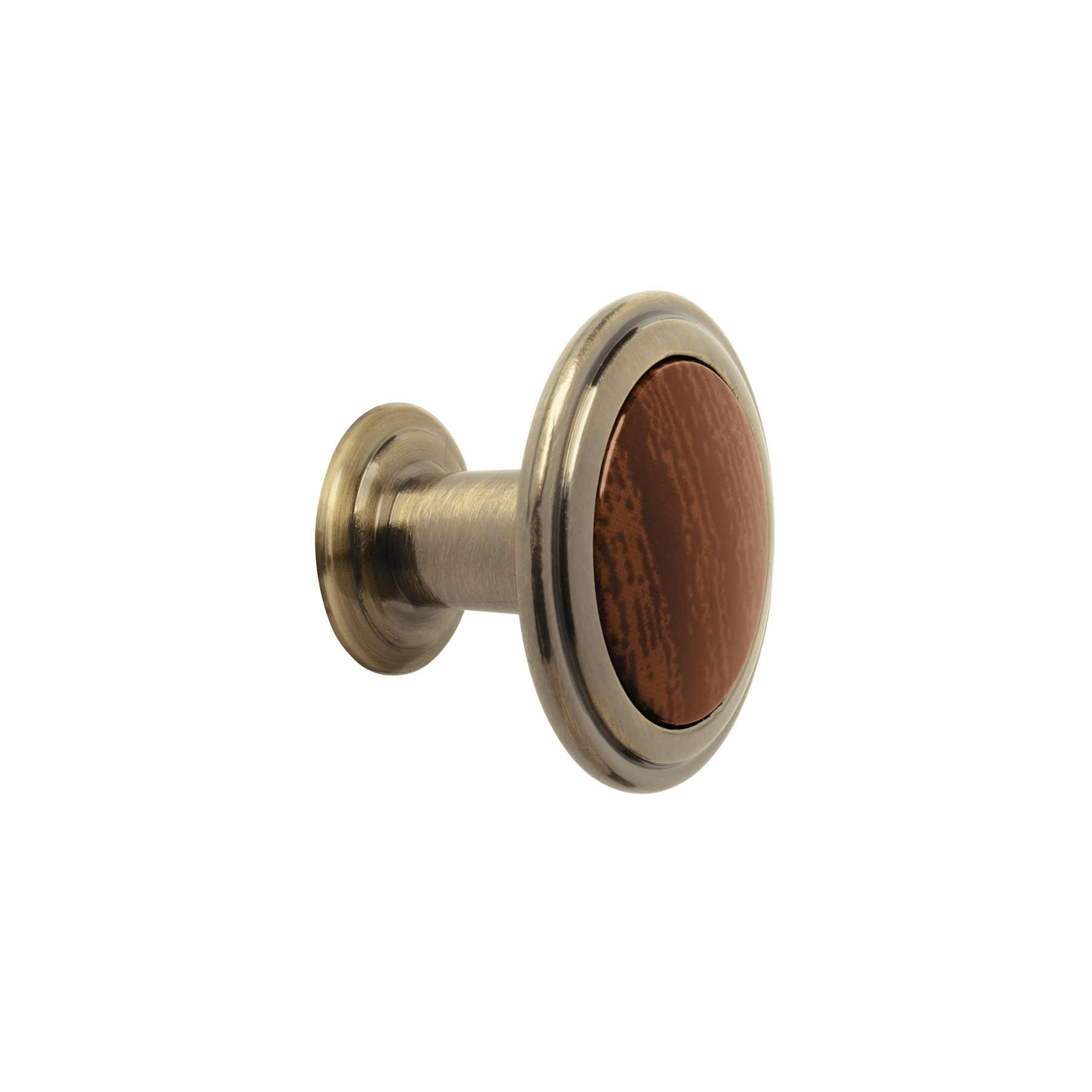 Perilla metálica, latón antiguo, inserto madera, HERMEX